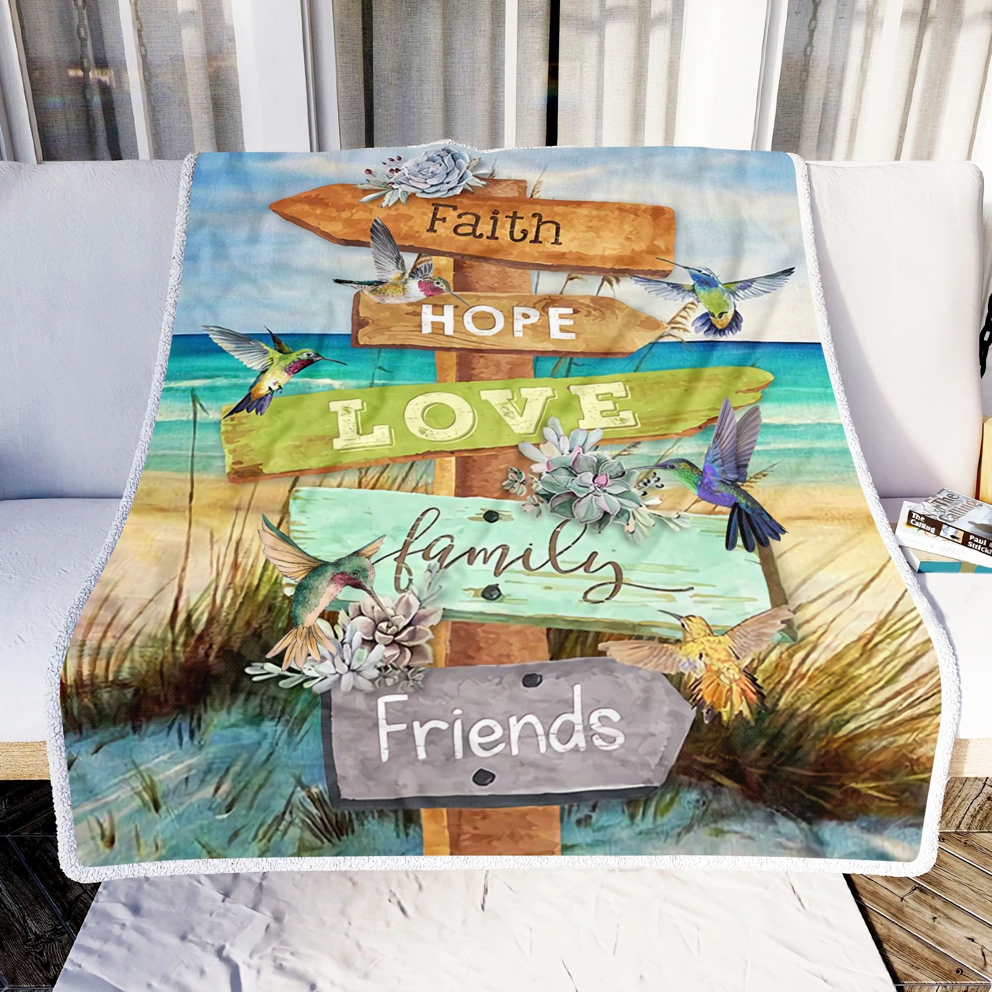 Beach Hummingbird Faith Hope Love Family Friends Fleece Blanket
