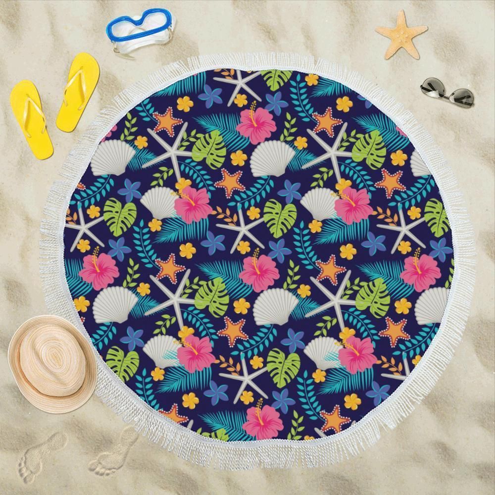 Beach Seashell Floral Theme Round Beach Towel