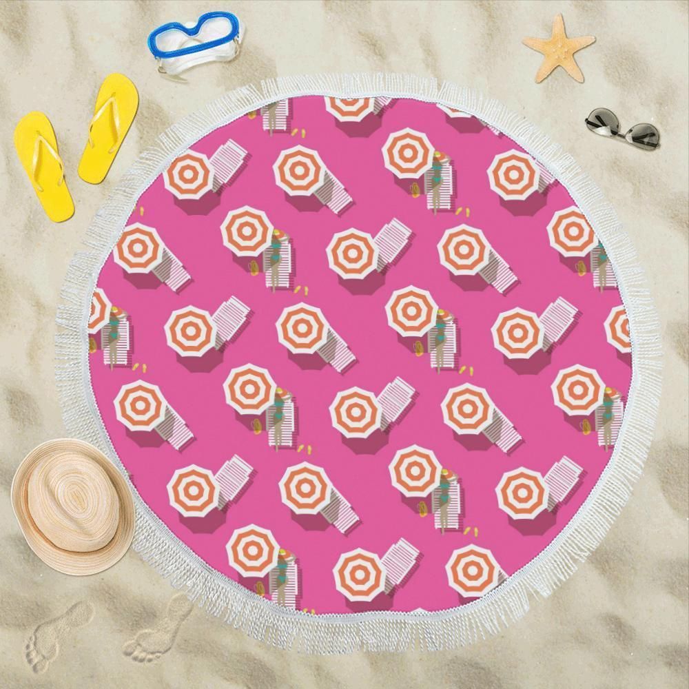 Beach Top View Umbrella Theme Round Beach Towel