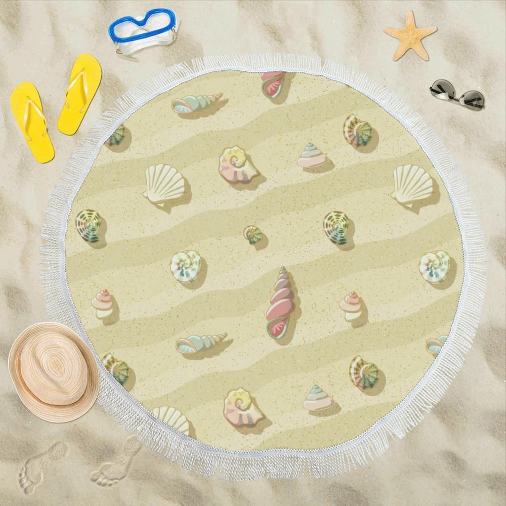 Beach With Seashell Theme Round Beach Towel