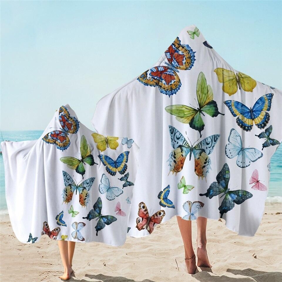 Beachy Butterflies On White Printed Hooded Towel