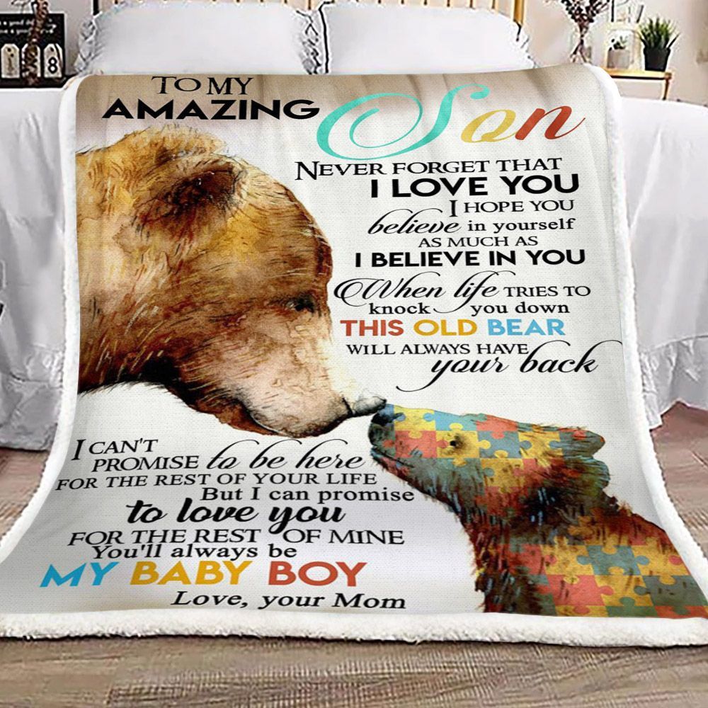 Bear Autism Family To My Amazing Son Your Mom Sherpa Fleece Blanket