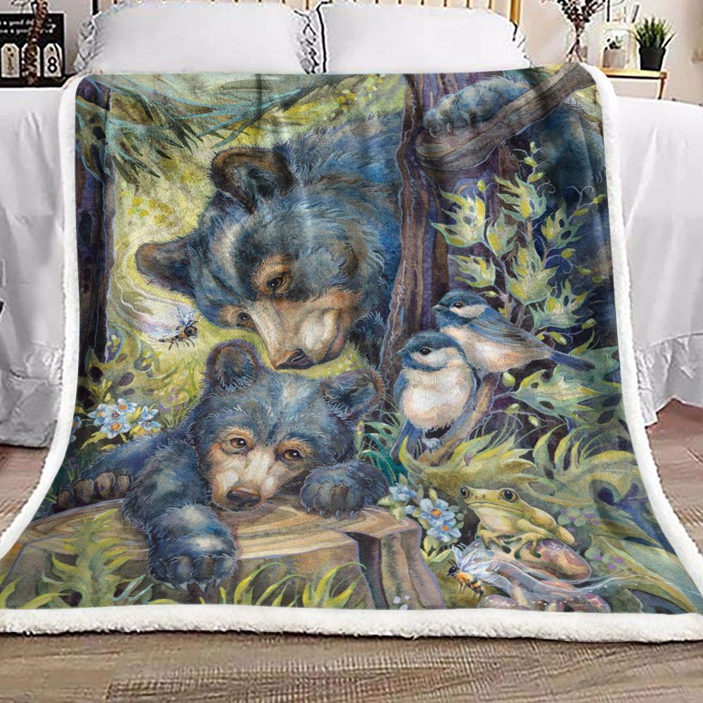 Bear Bird Frog Bee And Forest Sherpa Fleece Blanket