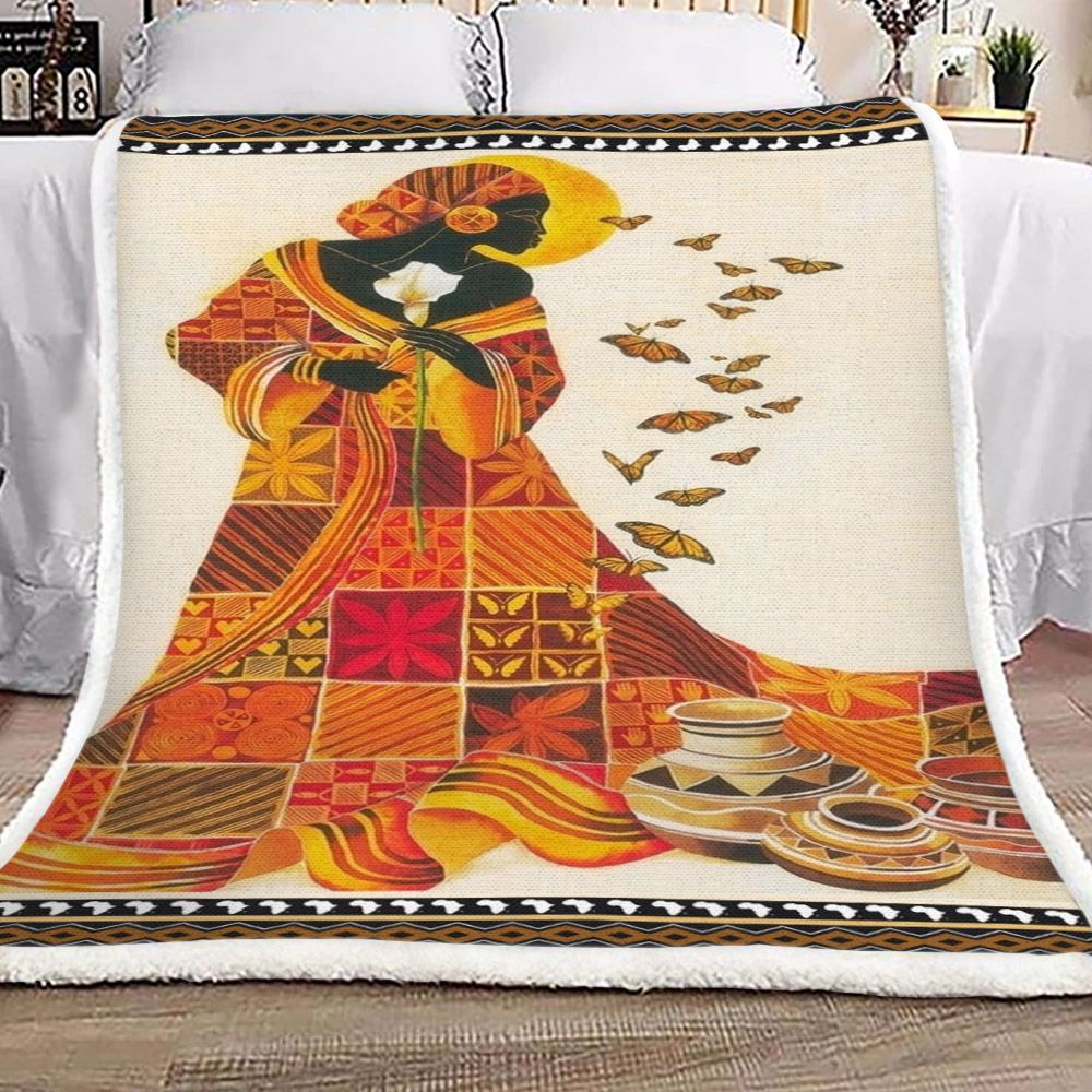 Beautiful African Woman And Butterflies Sherpa Fleece Blanket
