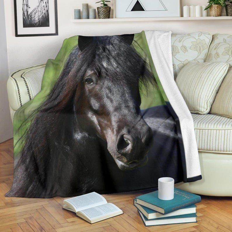 Beautiful Black Friesian Horse Sherpa Fleece Blanket