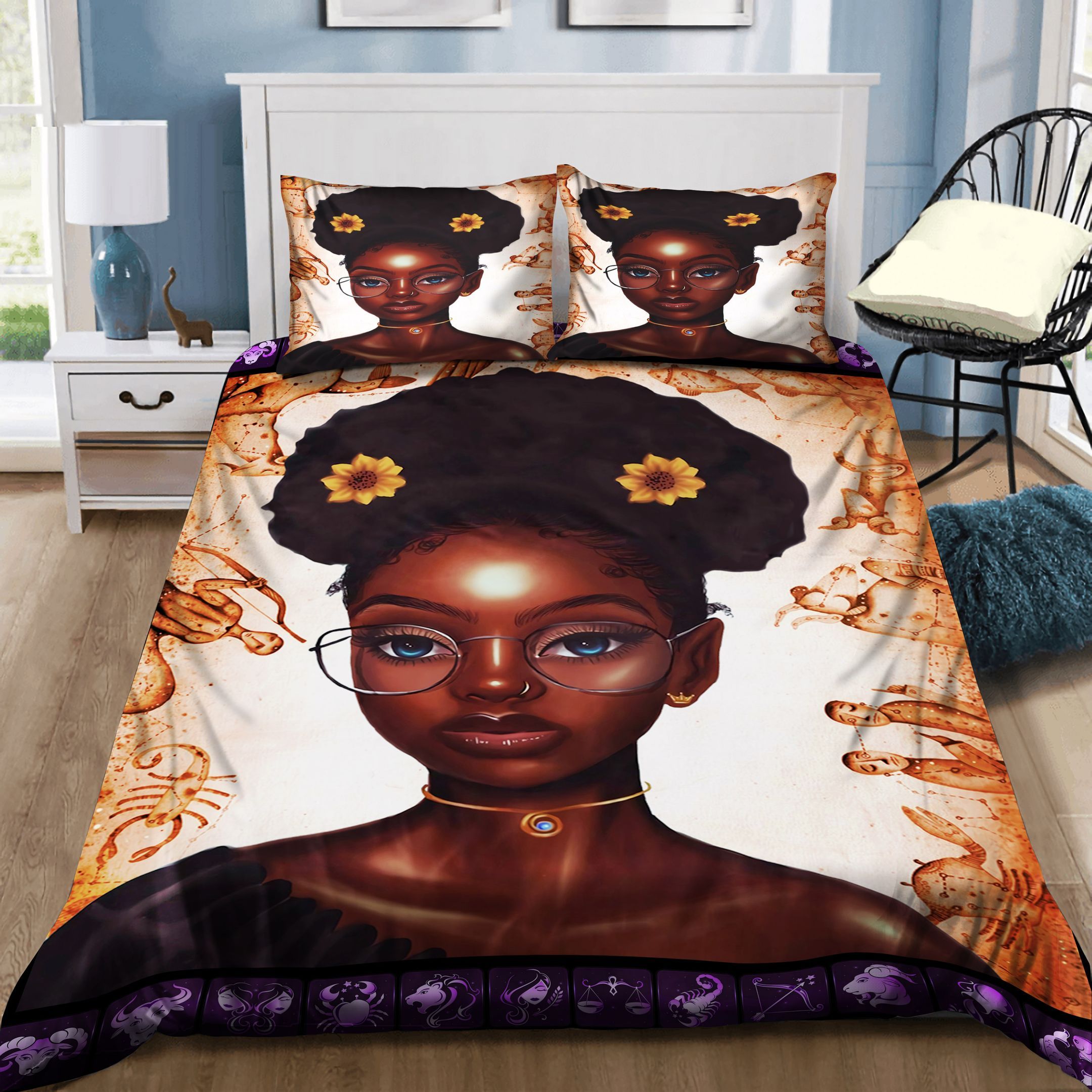 Beautiful Black Girl Zodiac Bedding Set