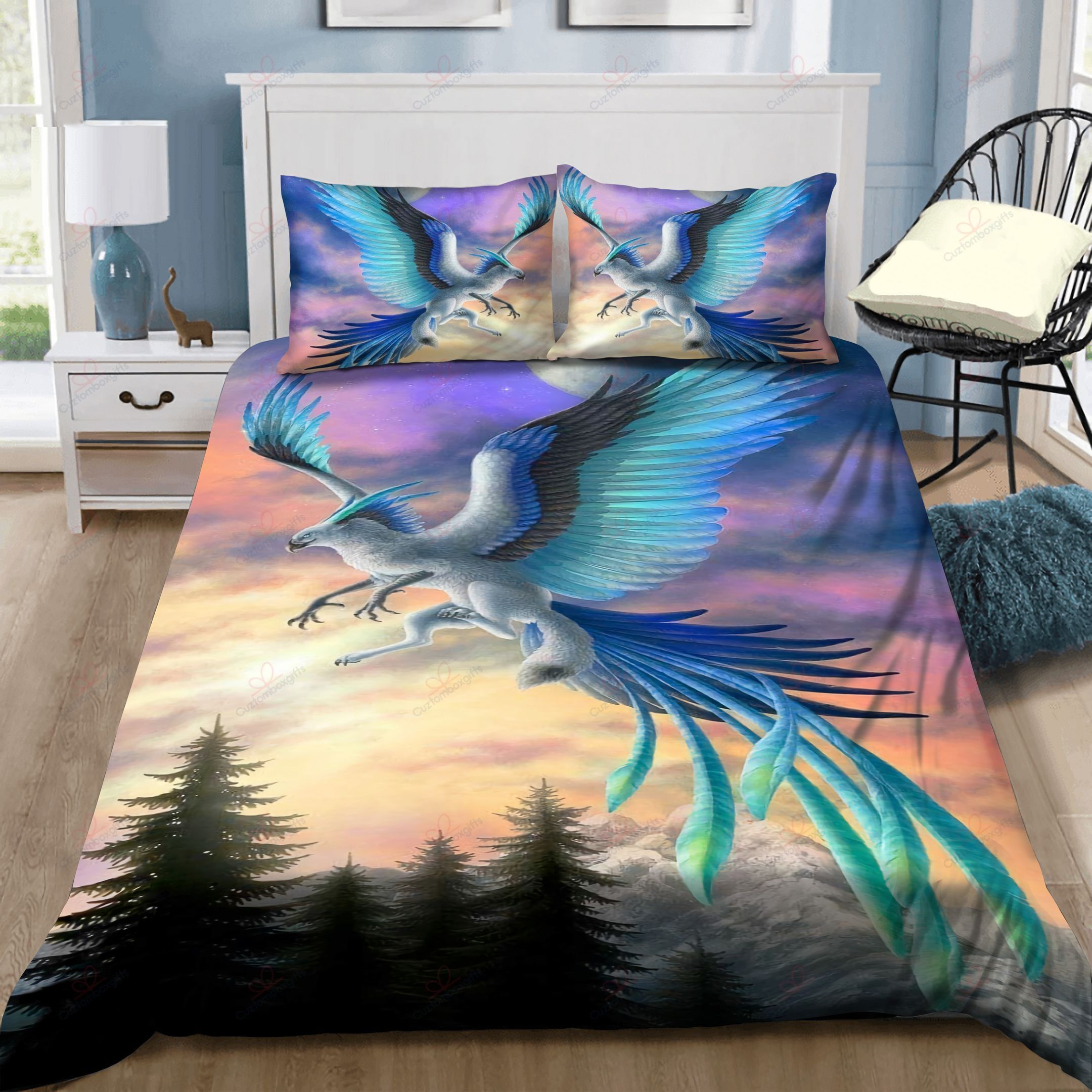 Beautiful Blue Griffin Flying Printed Bedding Set