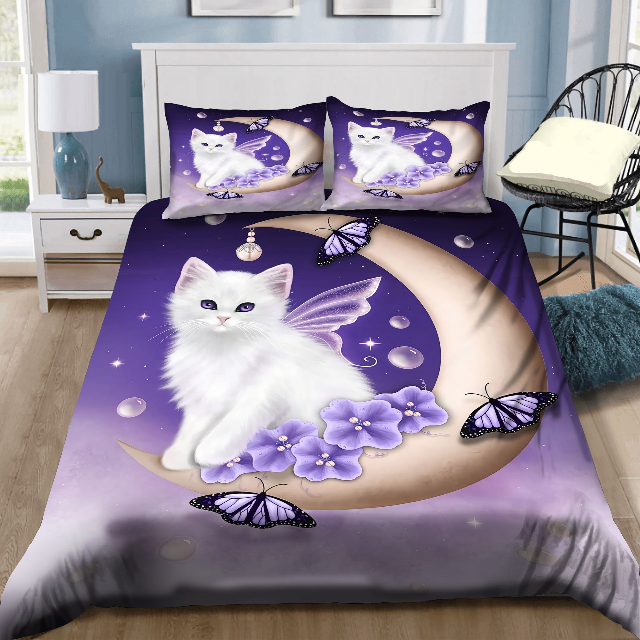 Beautiful Cat And Purple Butterfly Moon Bedding Set