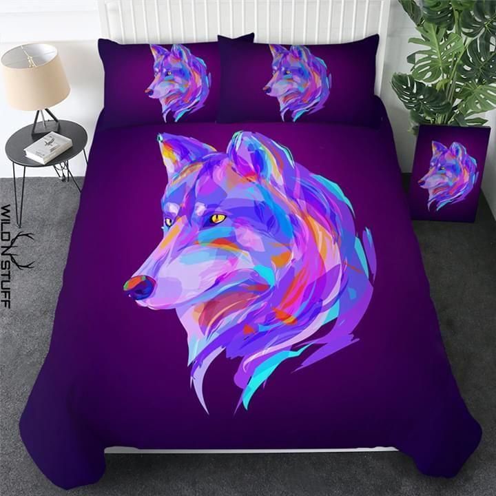Beautiful Colorful Poly Wolf Face Printed Bedding Set
