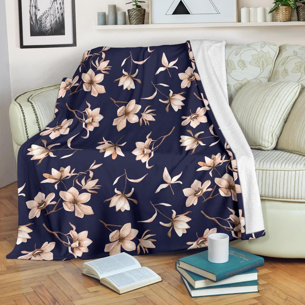 Beautiful Floral Pattern Dark Blue Fleece Blanket