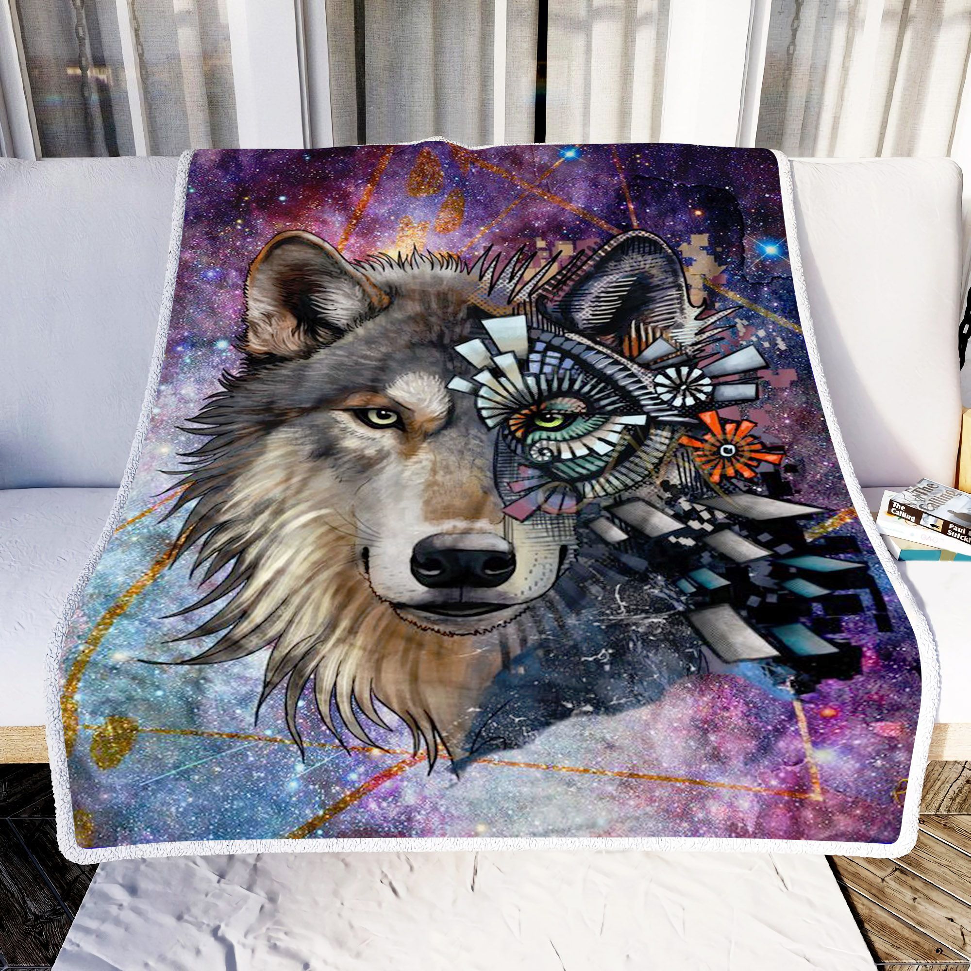 Beautiful Galaxy Wolf Sherpa Fleece Blanket