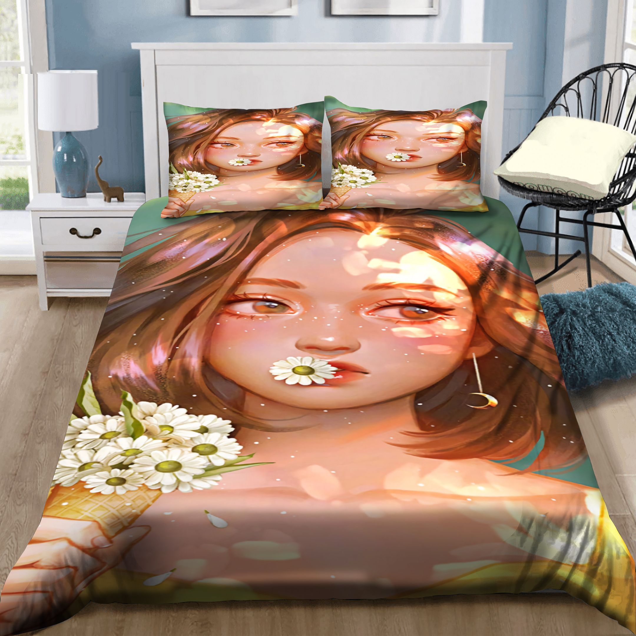 Beautiful Girl And Daisy Cream Bedding Set