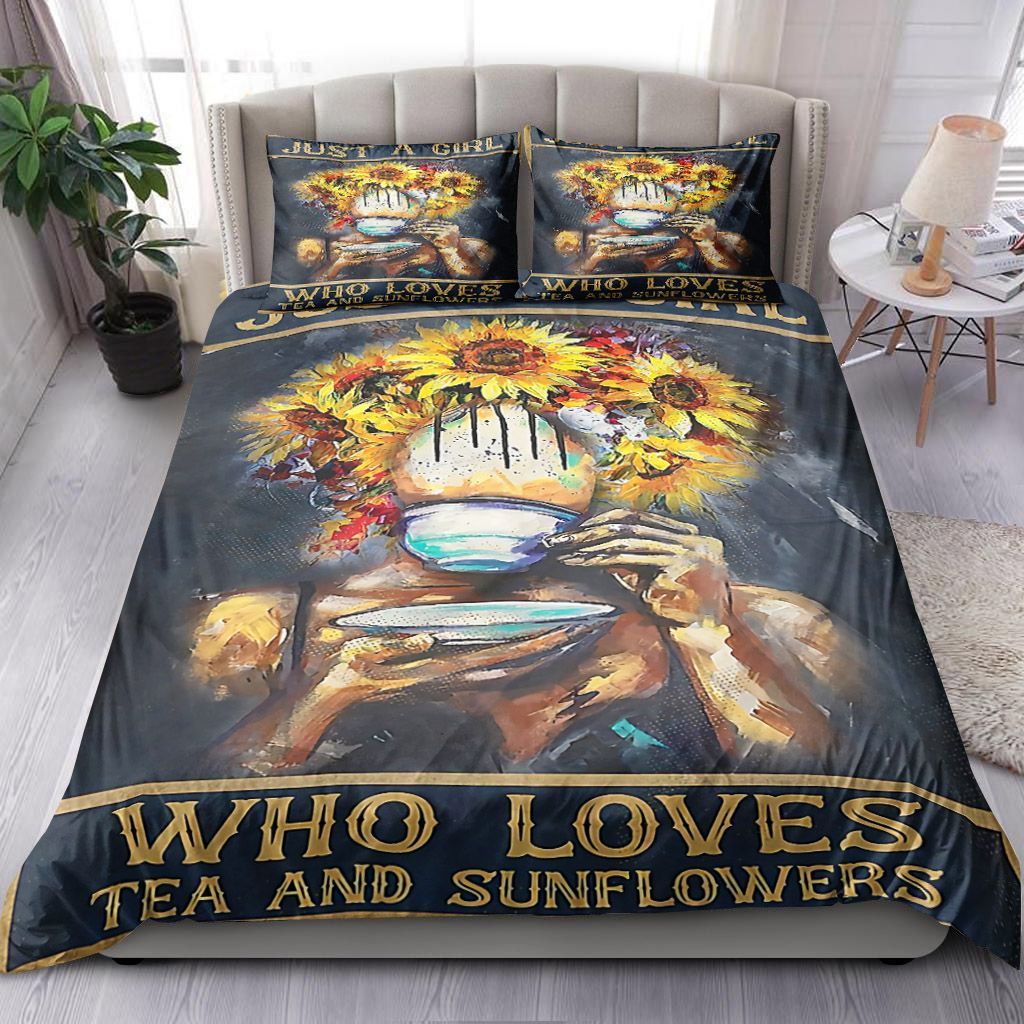 Beautiful Girl Loves Tea And Sunflowers Bedding Set