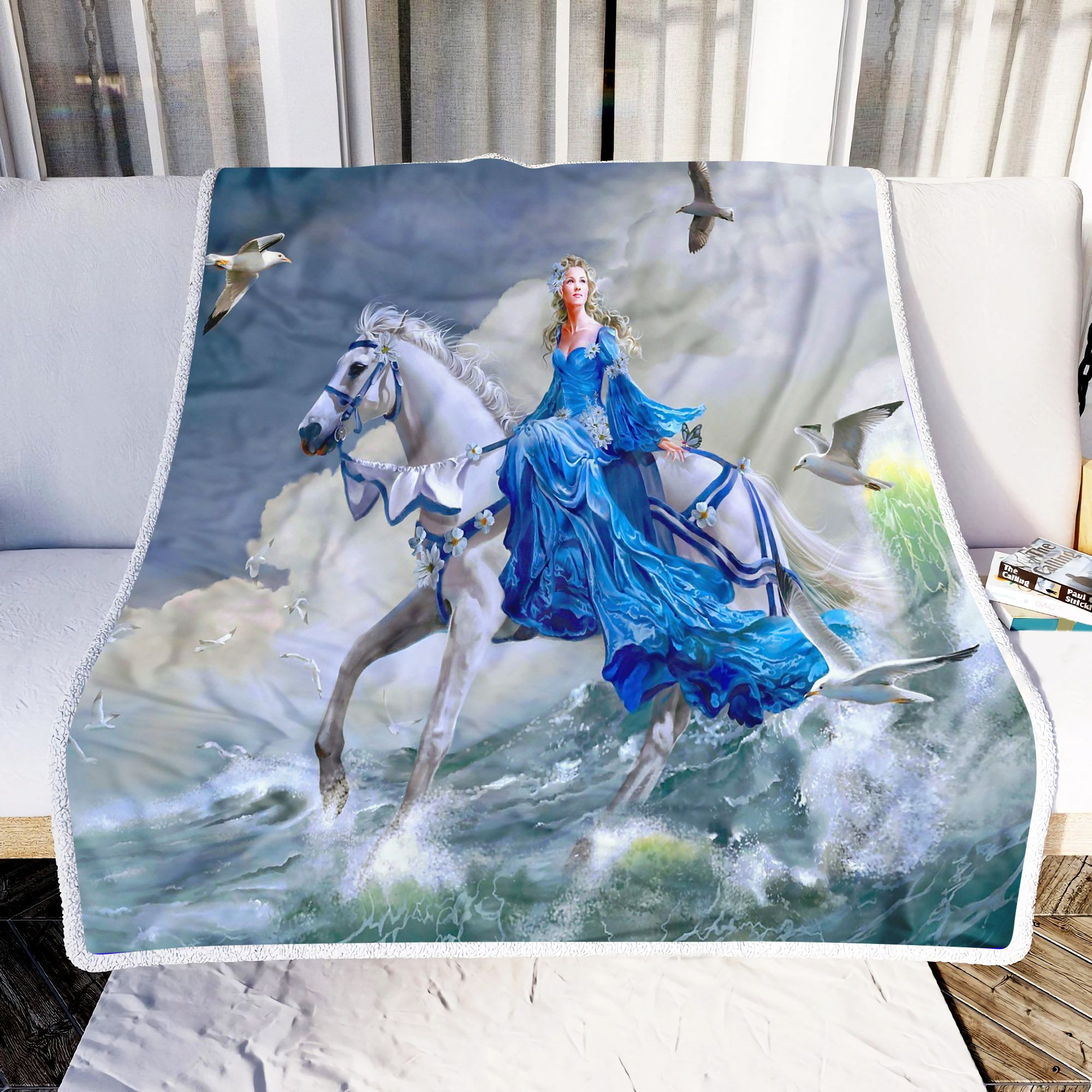 Beautiful Girl With White Horse Fleece Blanket