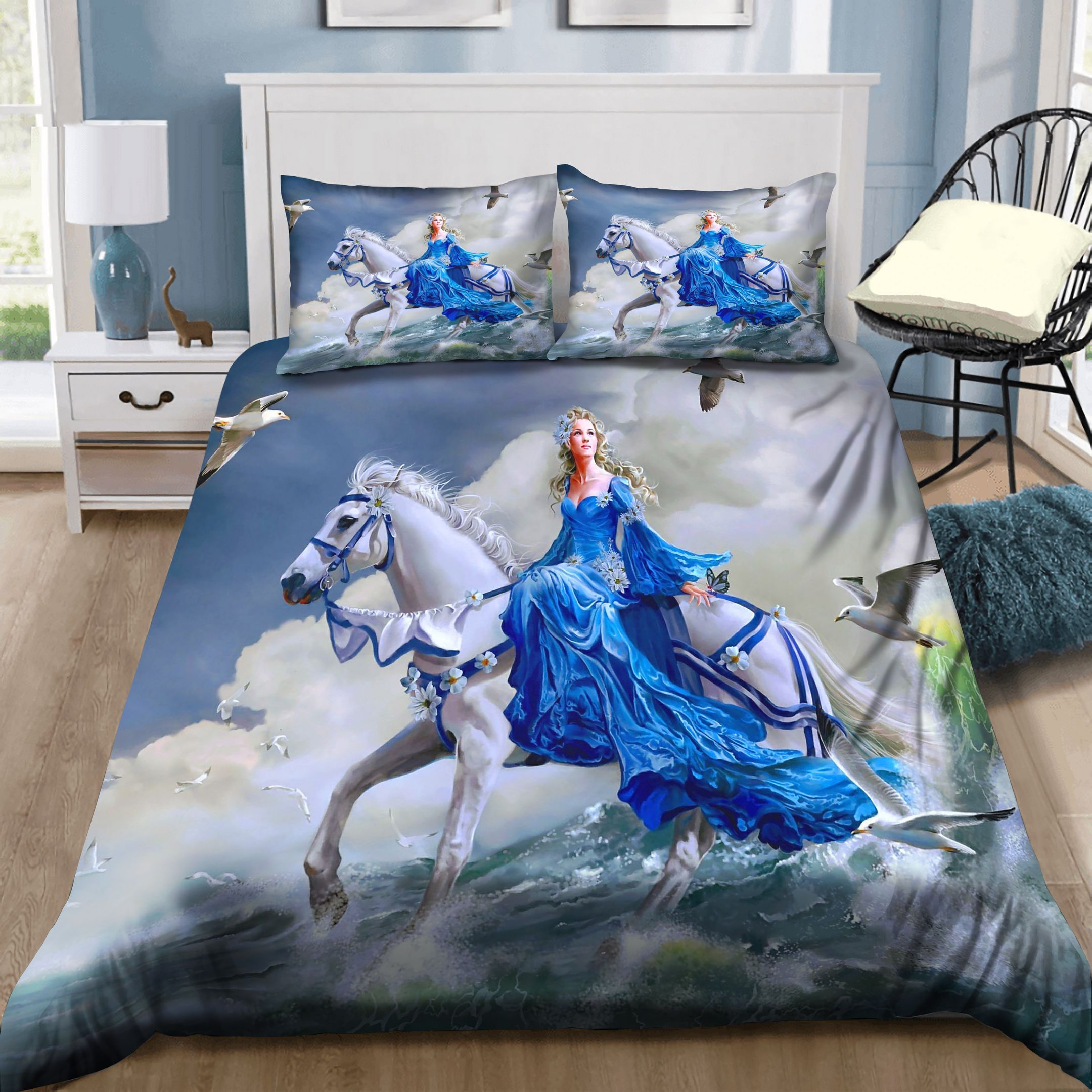 Beautiful Girl With White Horse Bedding Set