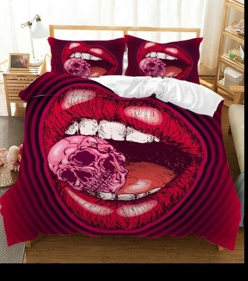 Beautiful Red Lips Gothic Skull   Bedding Set