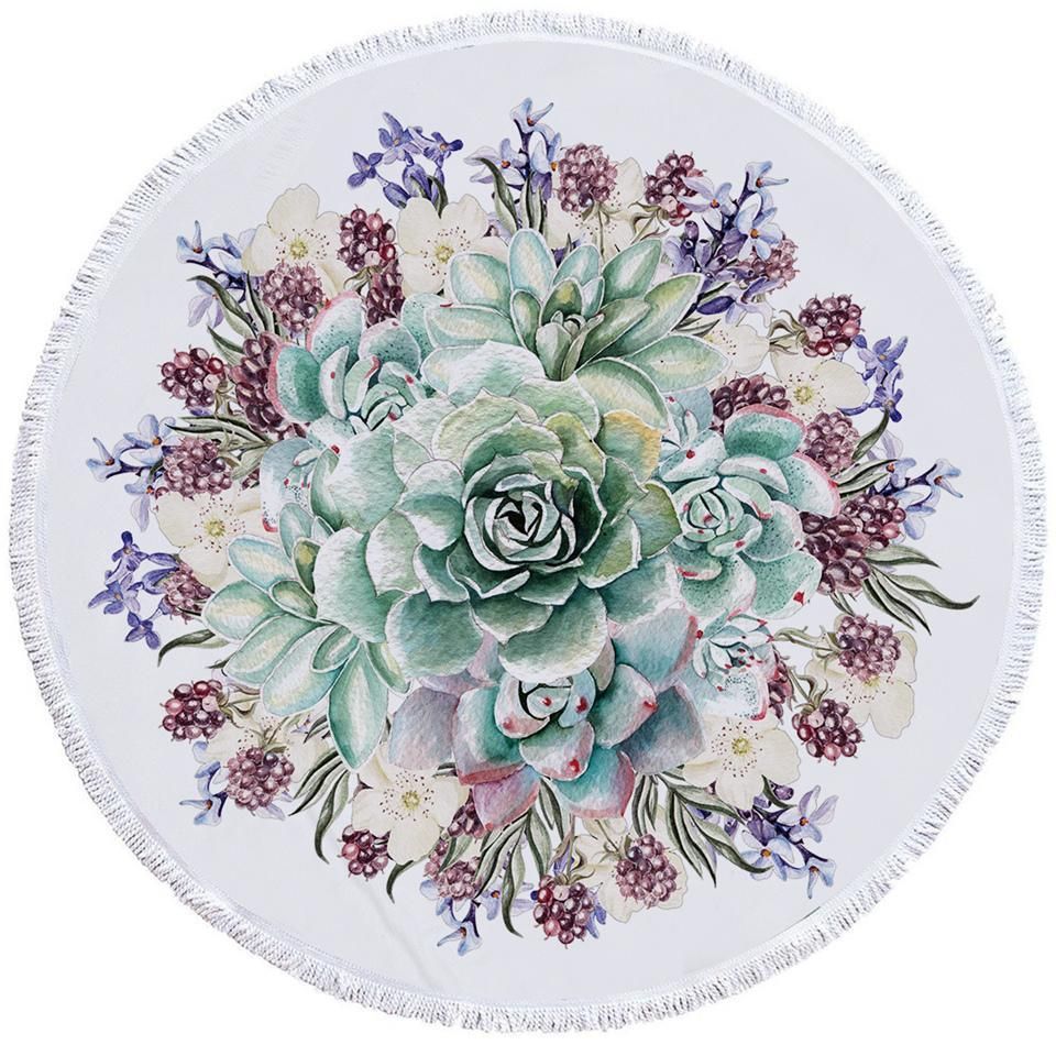 Beautiful Succulent White Printed Round Beach Towel