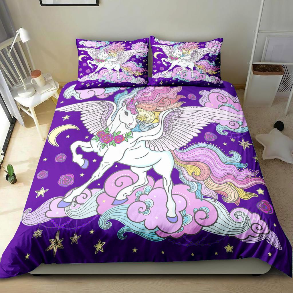 Beautiful Unicorn With A Long Mane On A Dark Blue Bedding Set