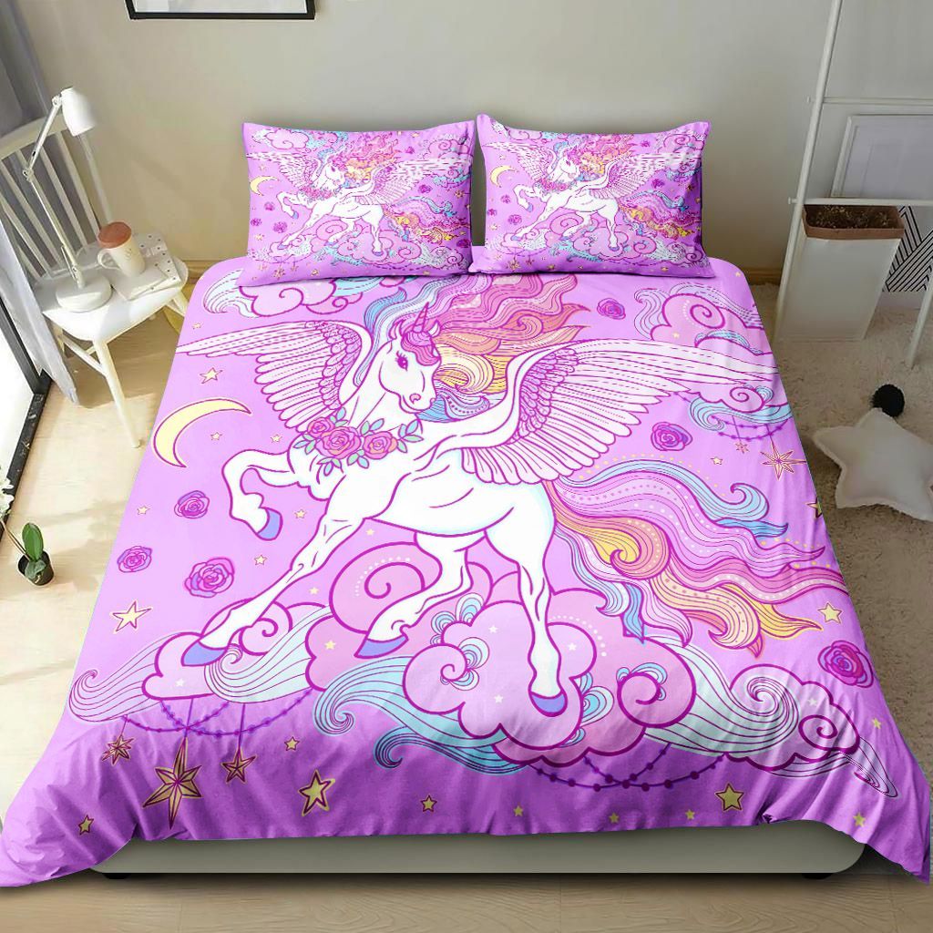 Beautiful Unicorn With A Long Mane On A Purple Bedding Set