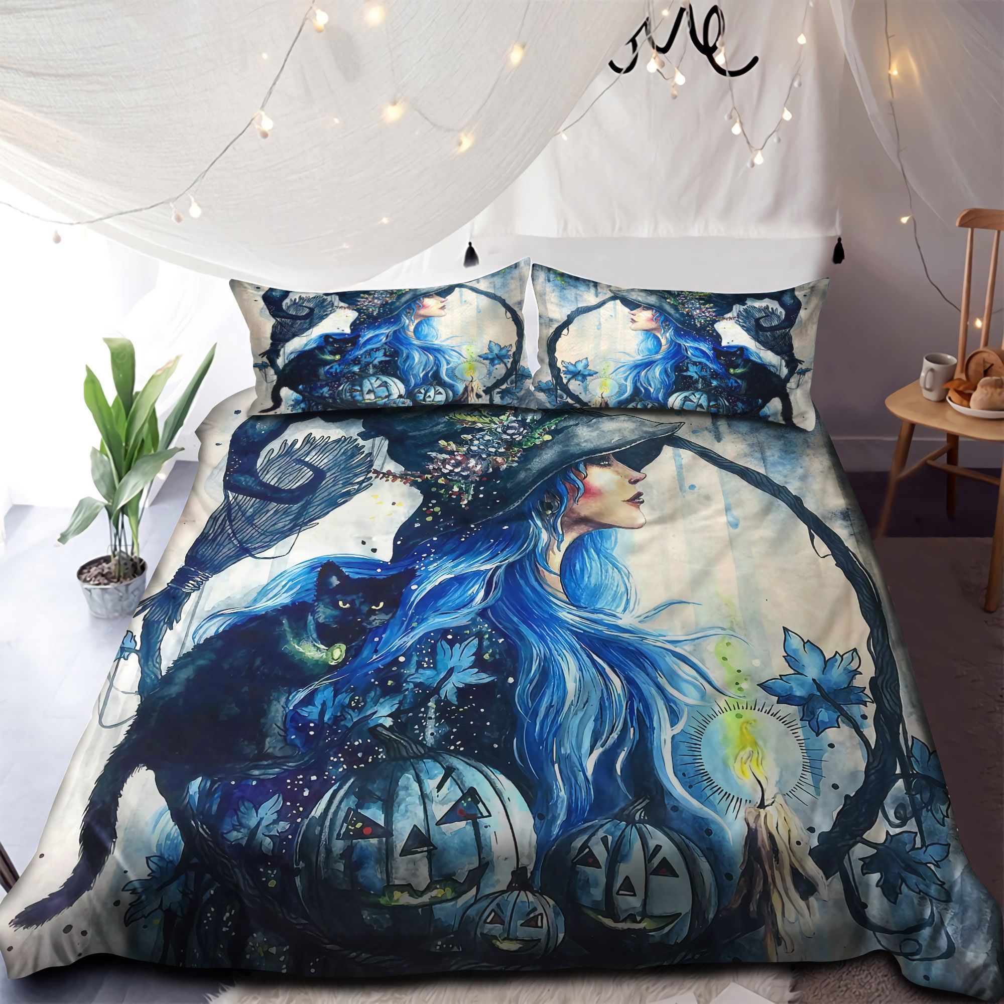 Beautiful Witch And Black Cat Halloween Bedding Set