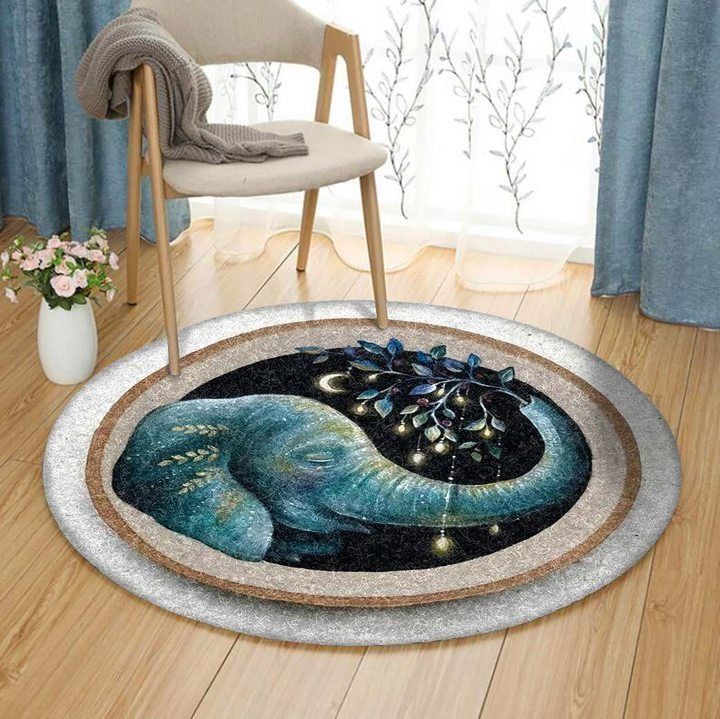 Beauty Elephant With Flowers Round Carpet
