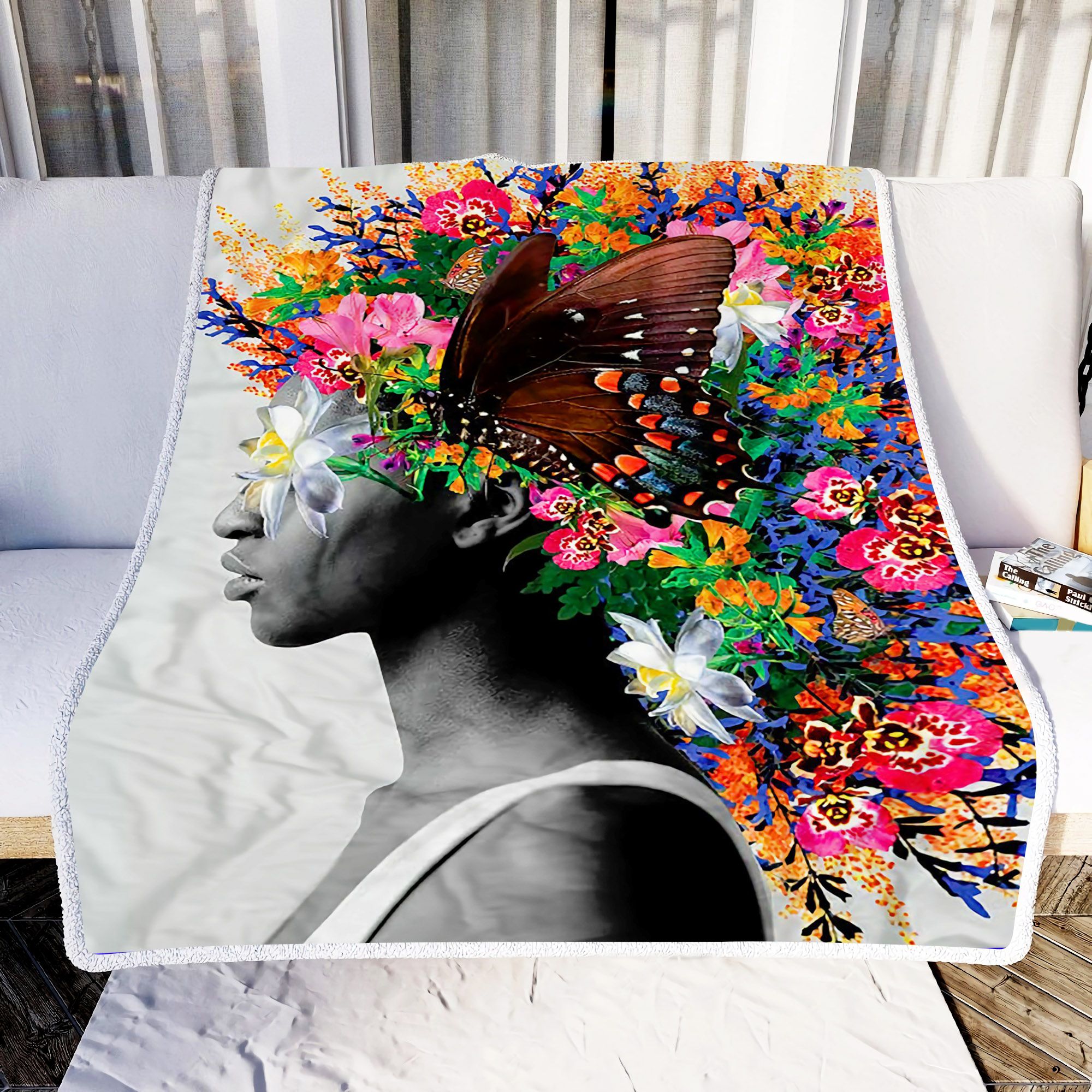 Beauty Girl With Flower Fleece Blanket