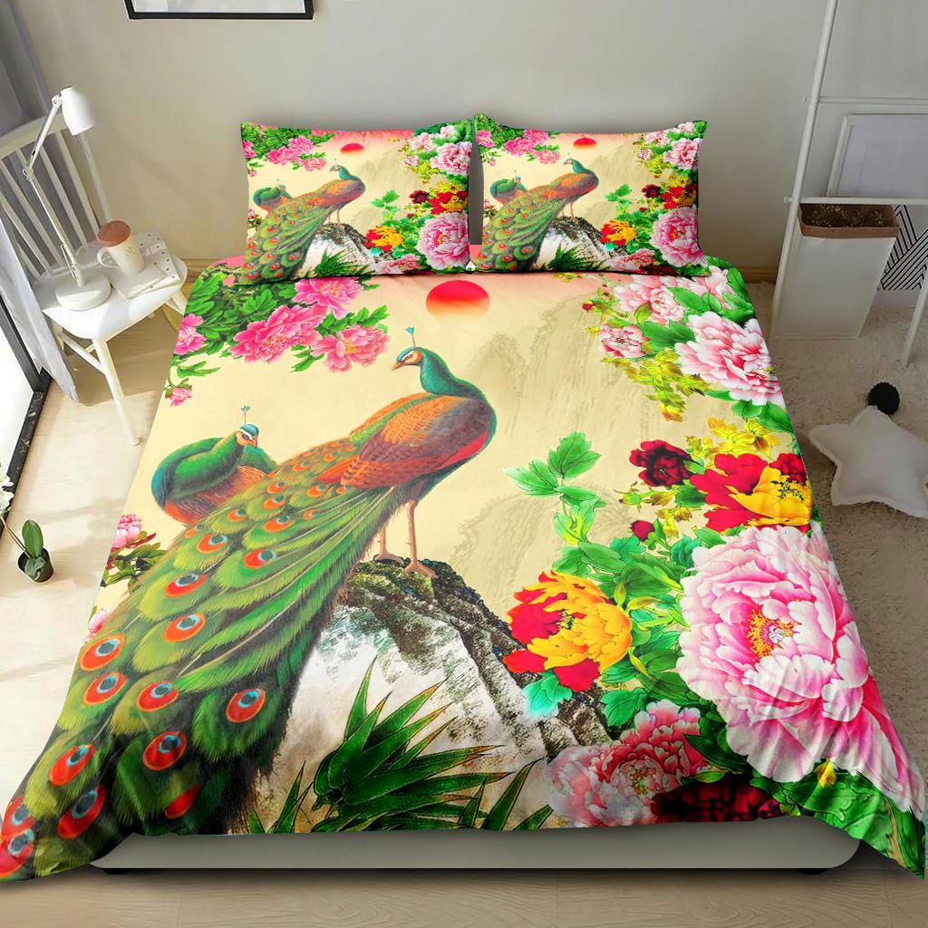 Beauty Peacock Couple With Flowers Bedding Set