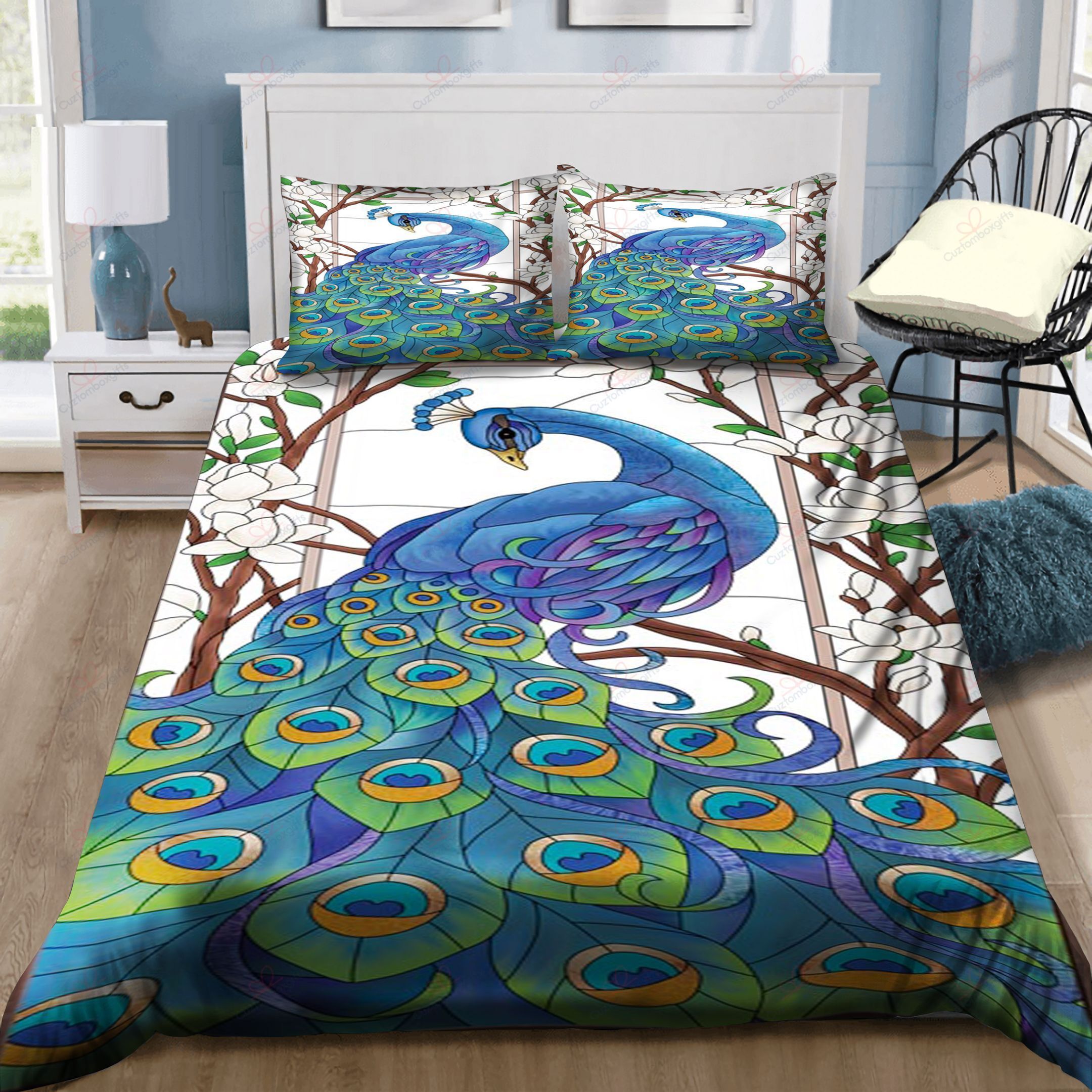 Beauty Peacock Flower Printed Bedding Set