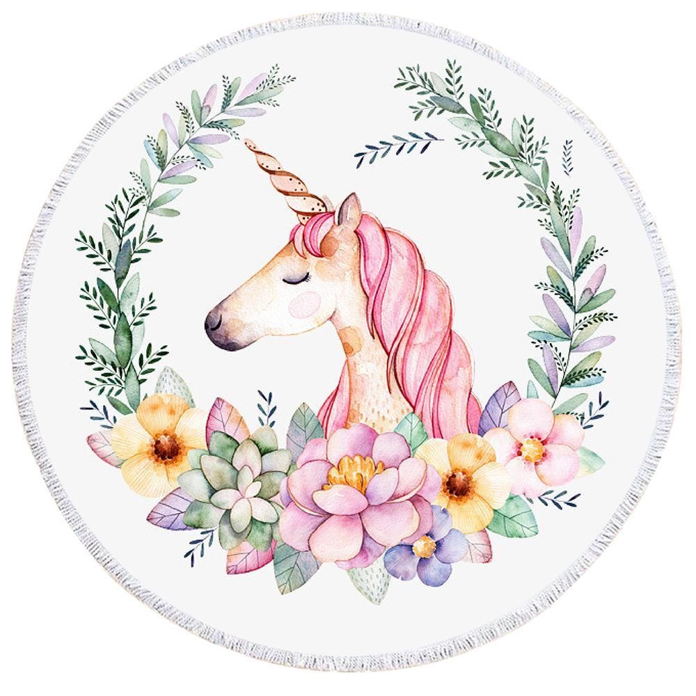 Beauty Unicorn With Floral Printed Round Beach Towel