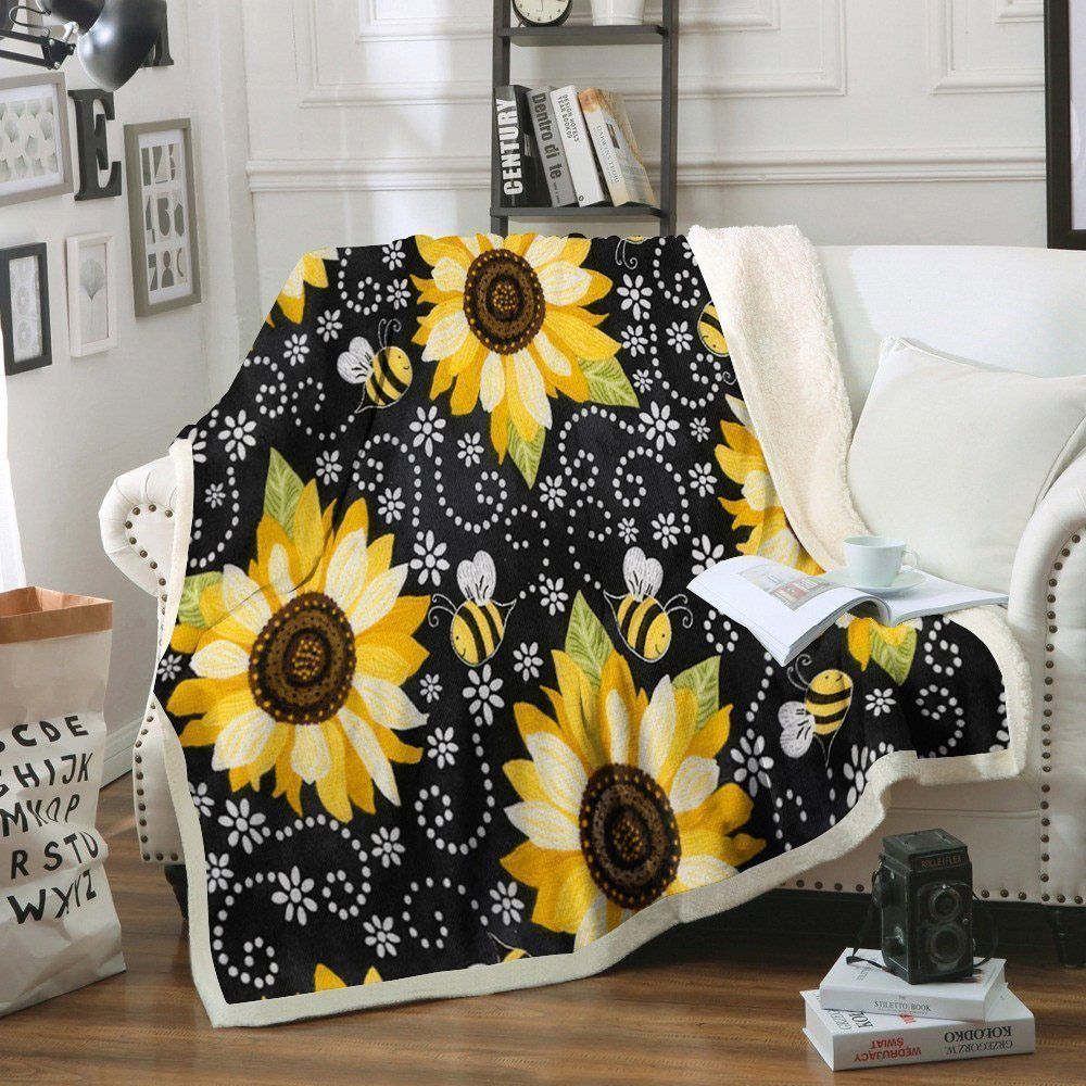 Bee And Sunflower Sherpa Fleece Blanket