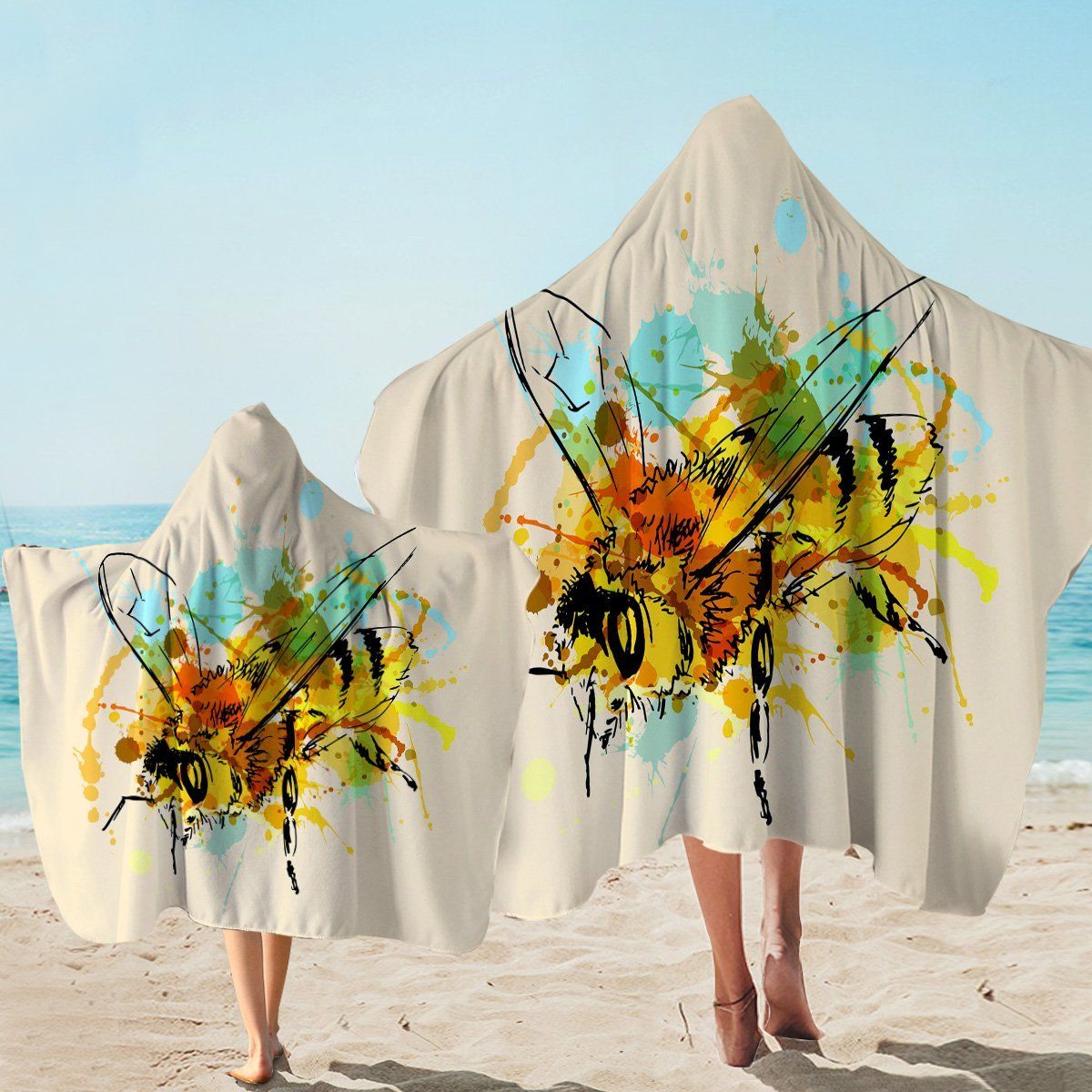 Bee Color Splash Watercolor Printed Hooded Towel