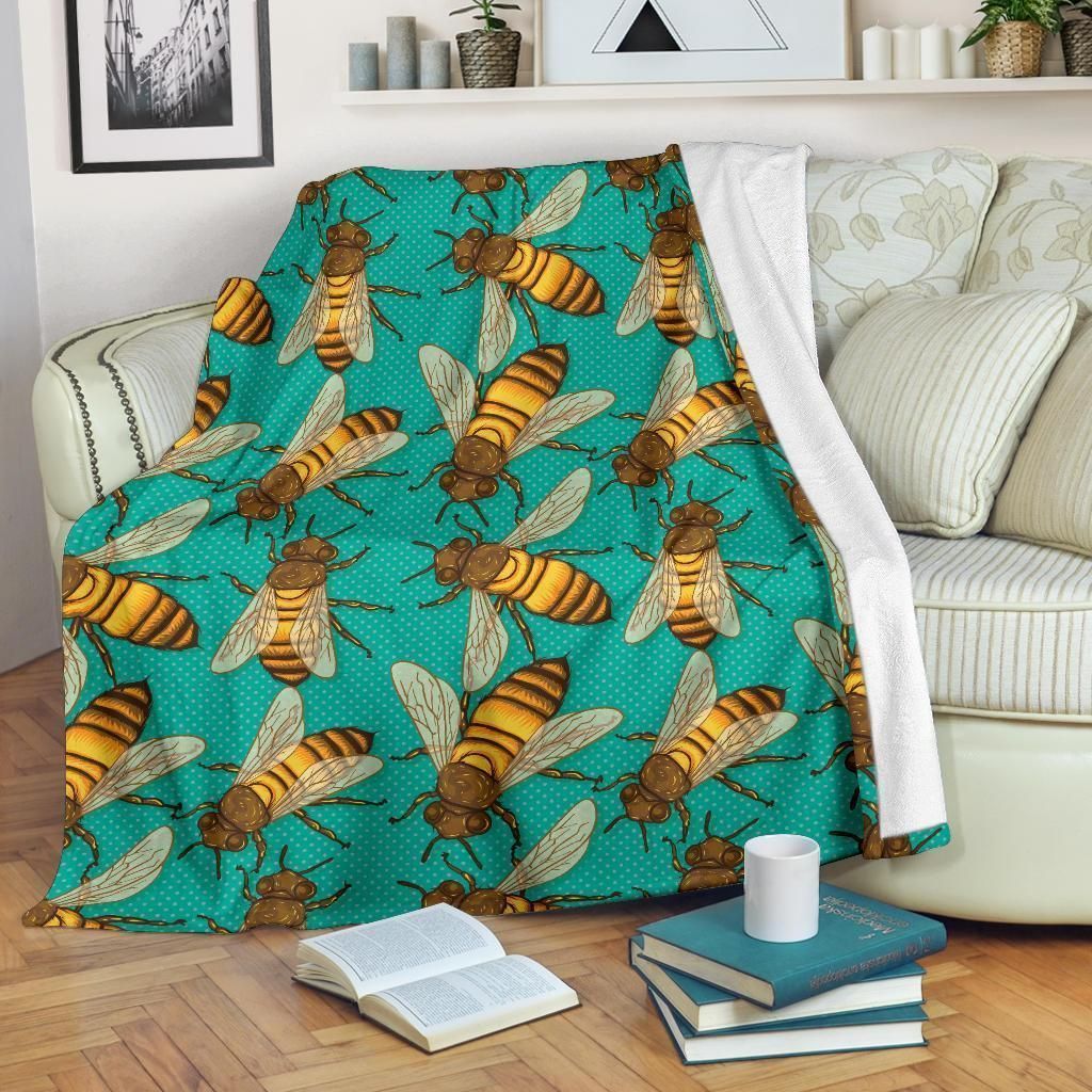 Bee Pattern Print Design Jade Fleece Blanket