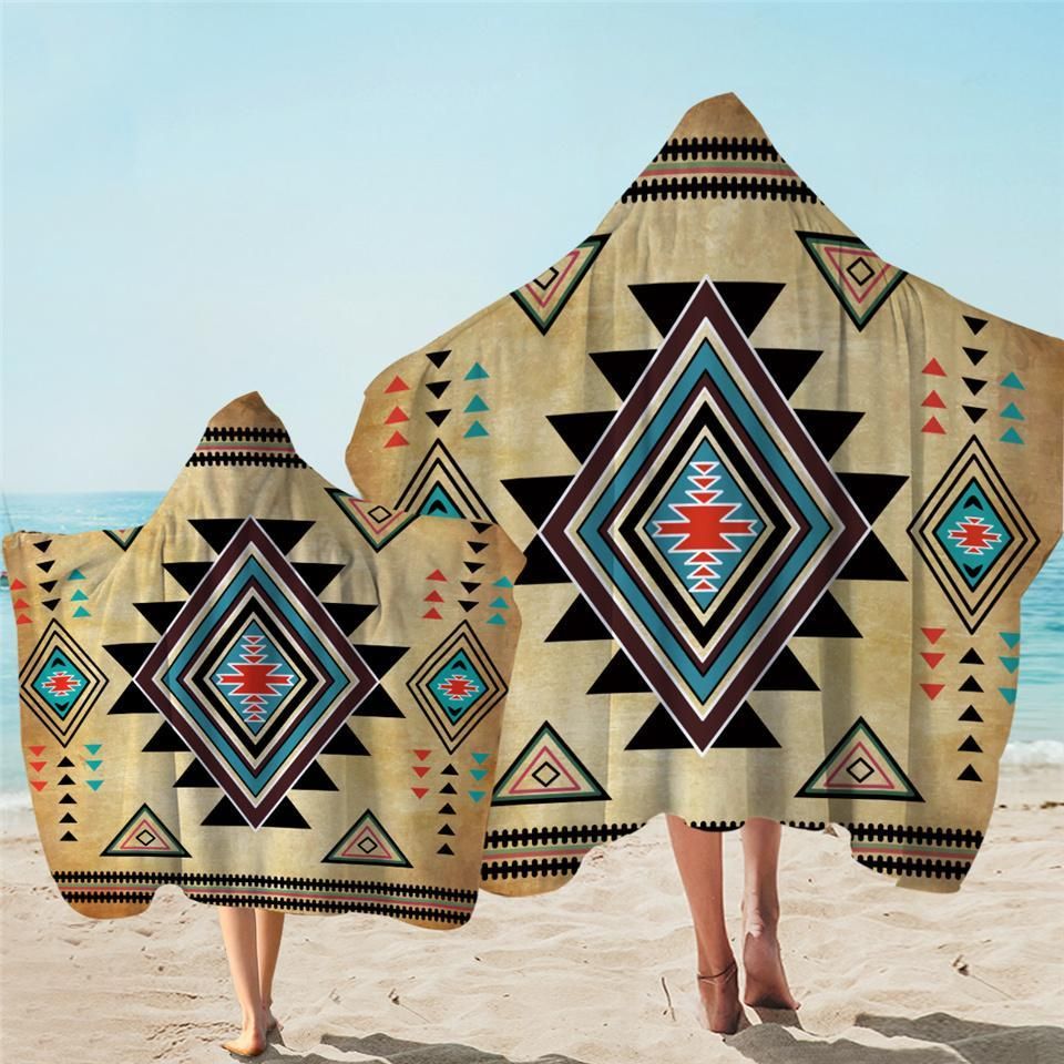Beige Aztec Themed Printed Hooded Towel