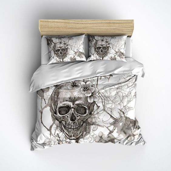 Beige On White Watercolor Skull Bedding Set