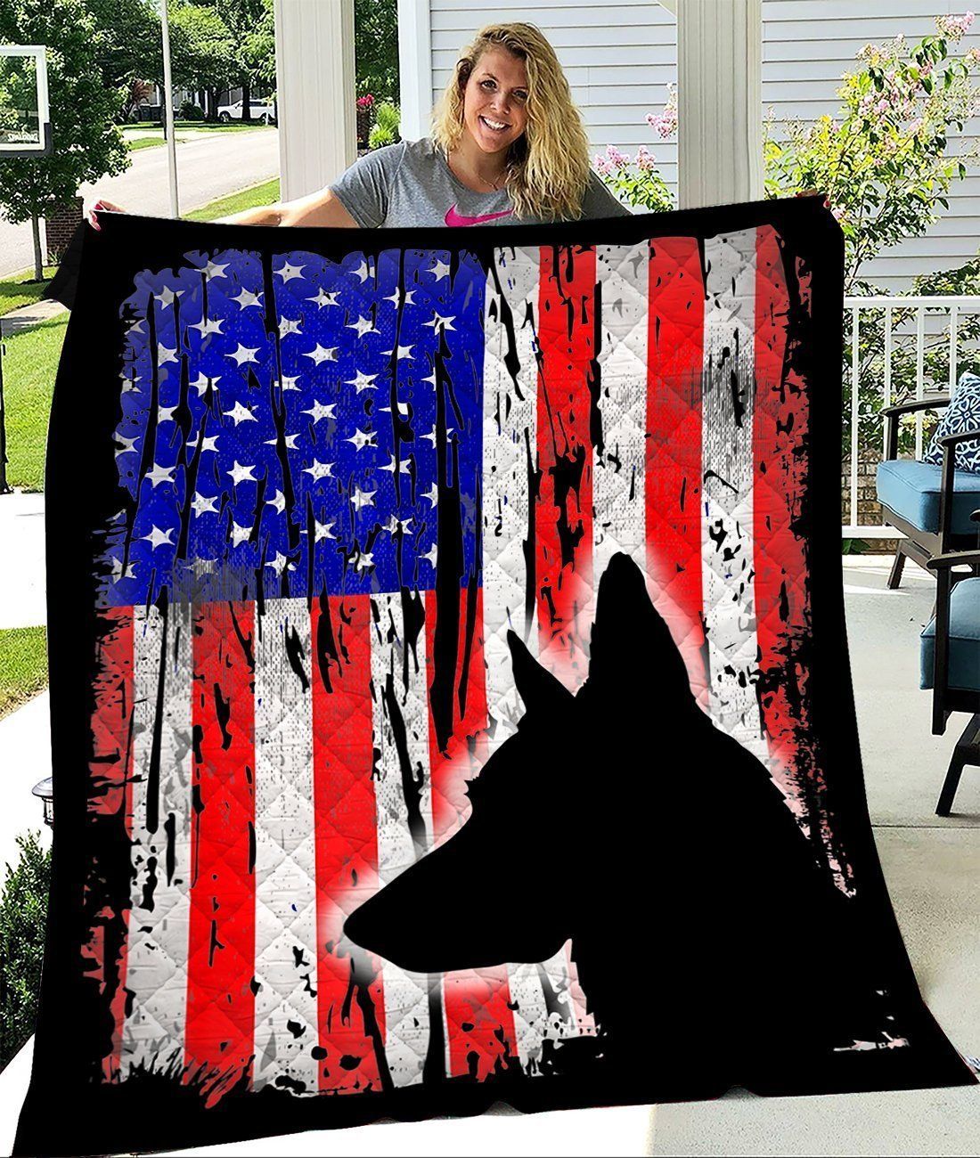 Belgian Malinois American Flag Quilt Blanket