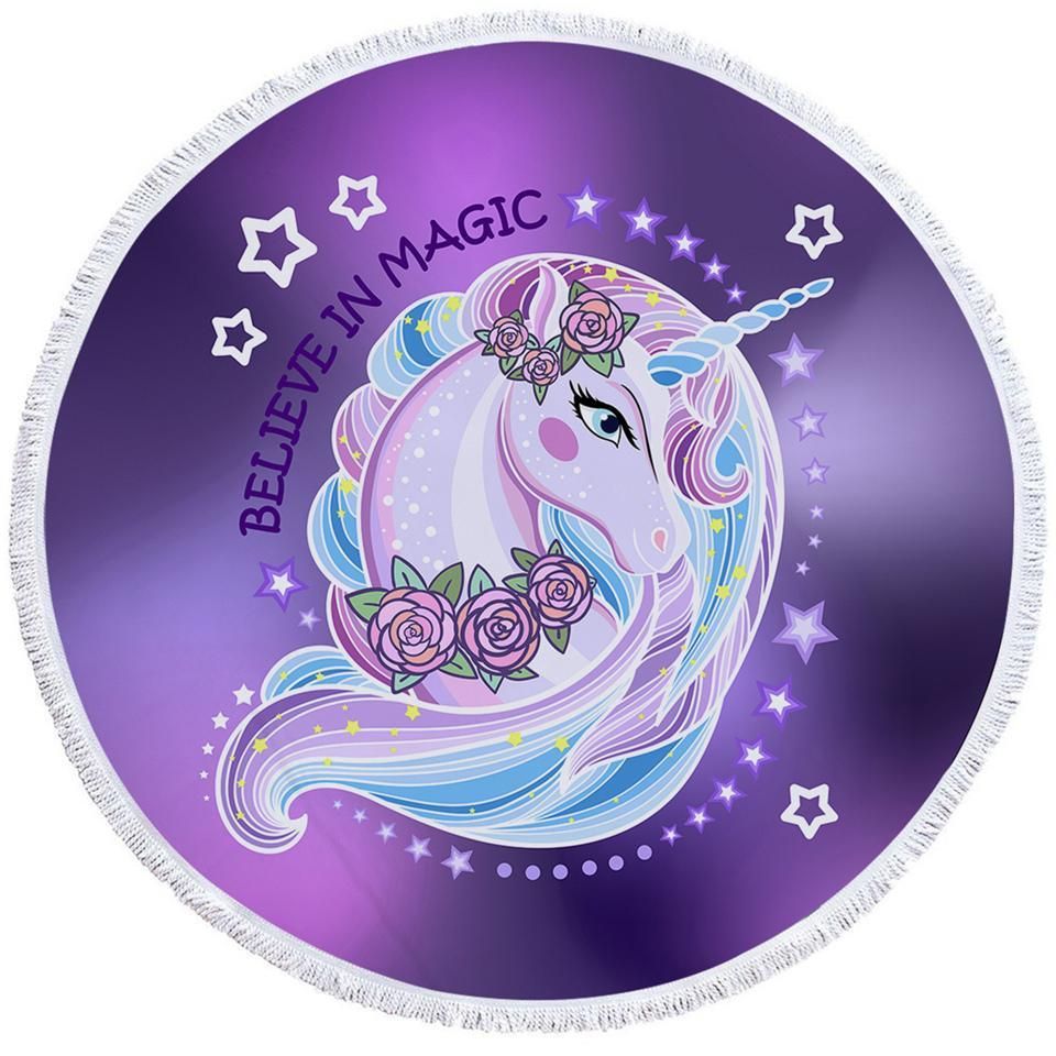 Believe In Magic Purplish Unicorn Printed Round Beach Towel