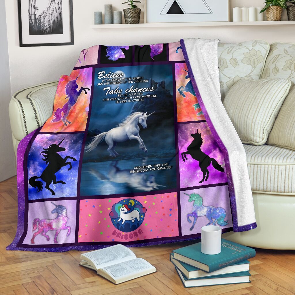 Believe In The Power Of Unseen Unicorn Galaxy Sherpa Fleece Blanket