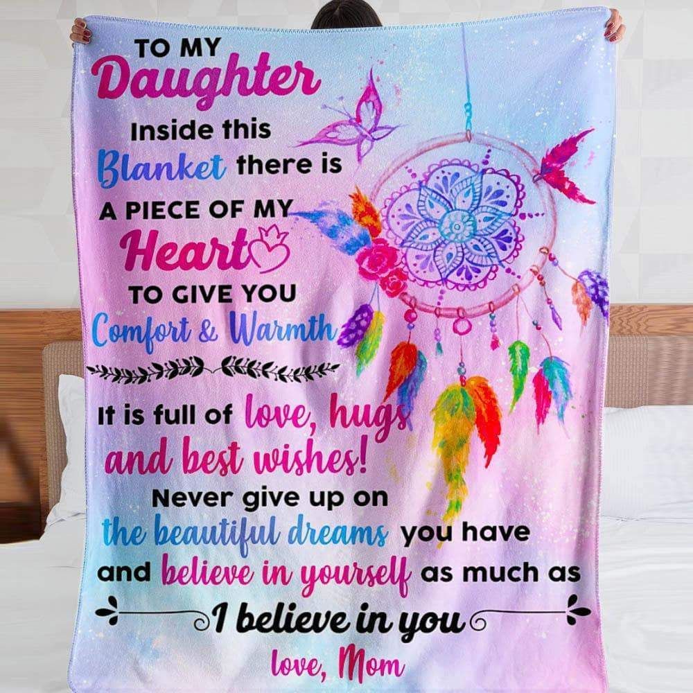 Believe In Your Dreams Colorful Feather Mom Gift For Daughter Fleece Blanket
