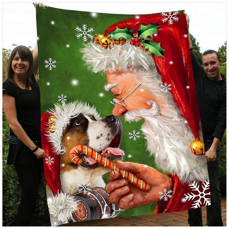 Bernard Dog And Santa Claus Sherpa Fleece Blanket