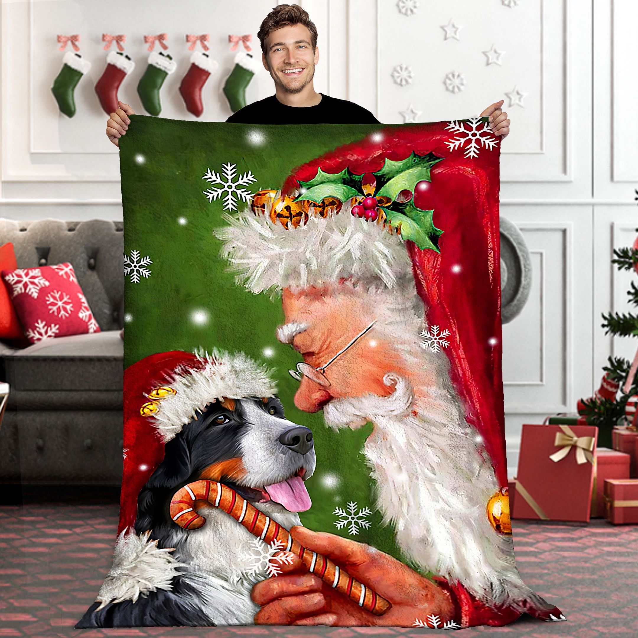Bernese Mountain Smile With Santa Sherpa Fleece Blanket