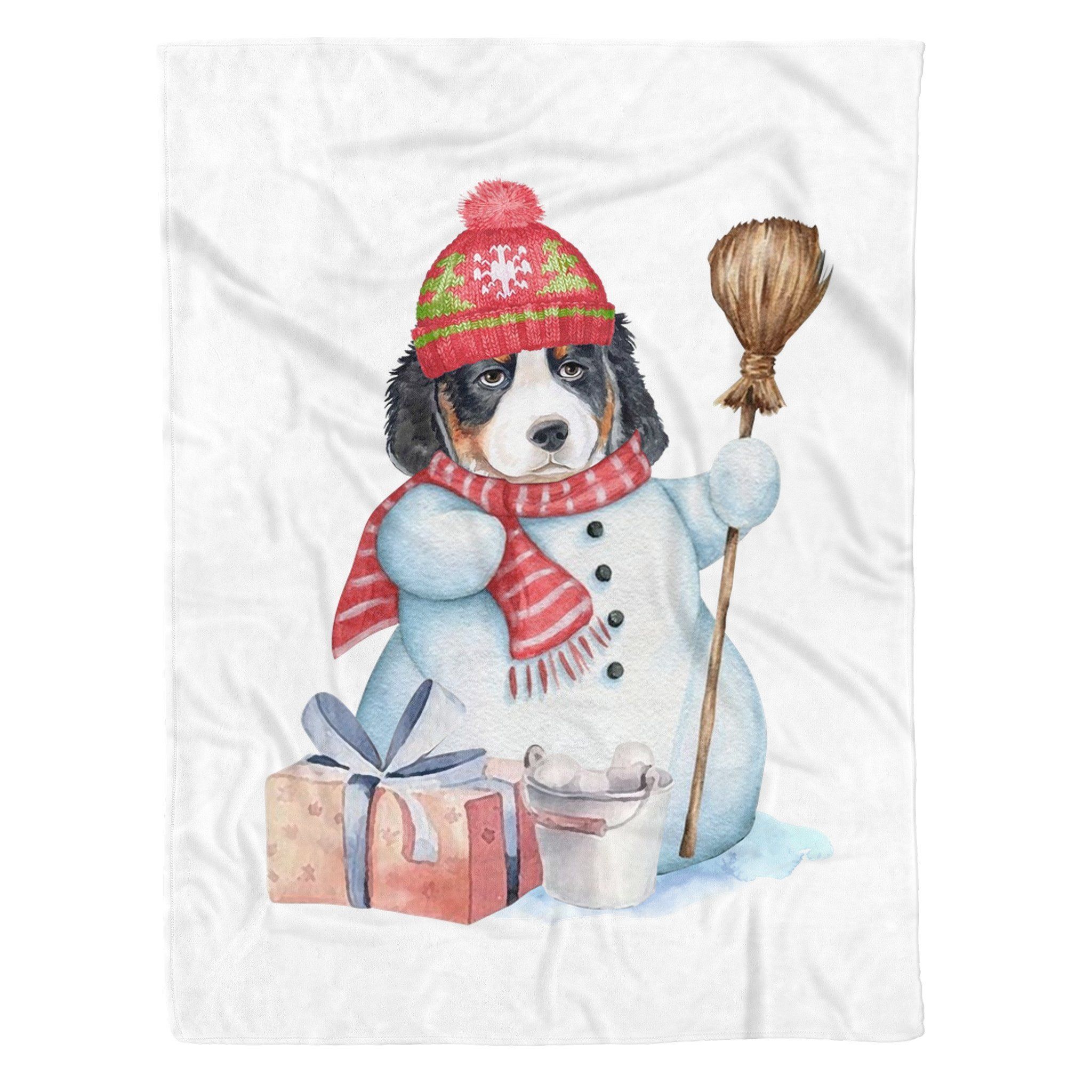Bernese Mountain Snowman Christmas Sherpa Fleece Blanket