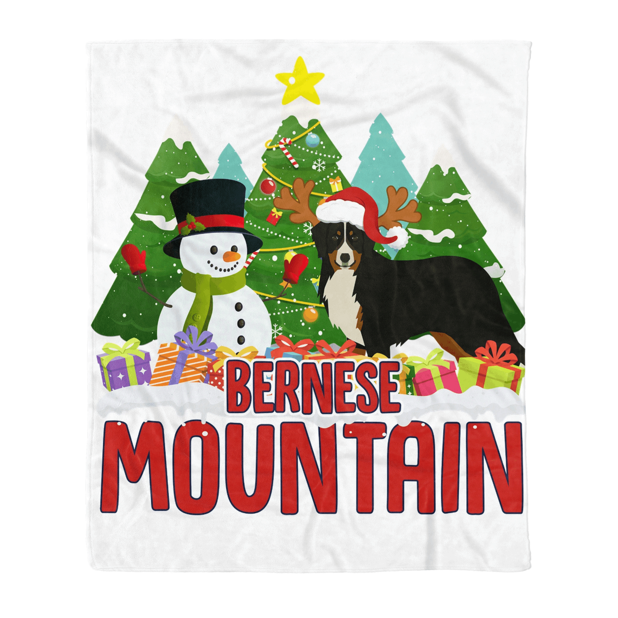 Bernese Snowman Christmas Tree Sherpa Fleece Blanket