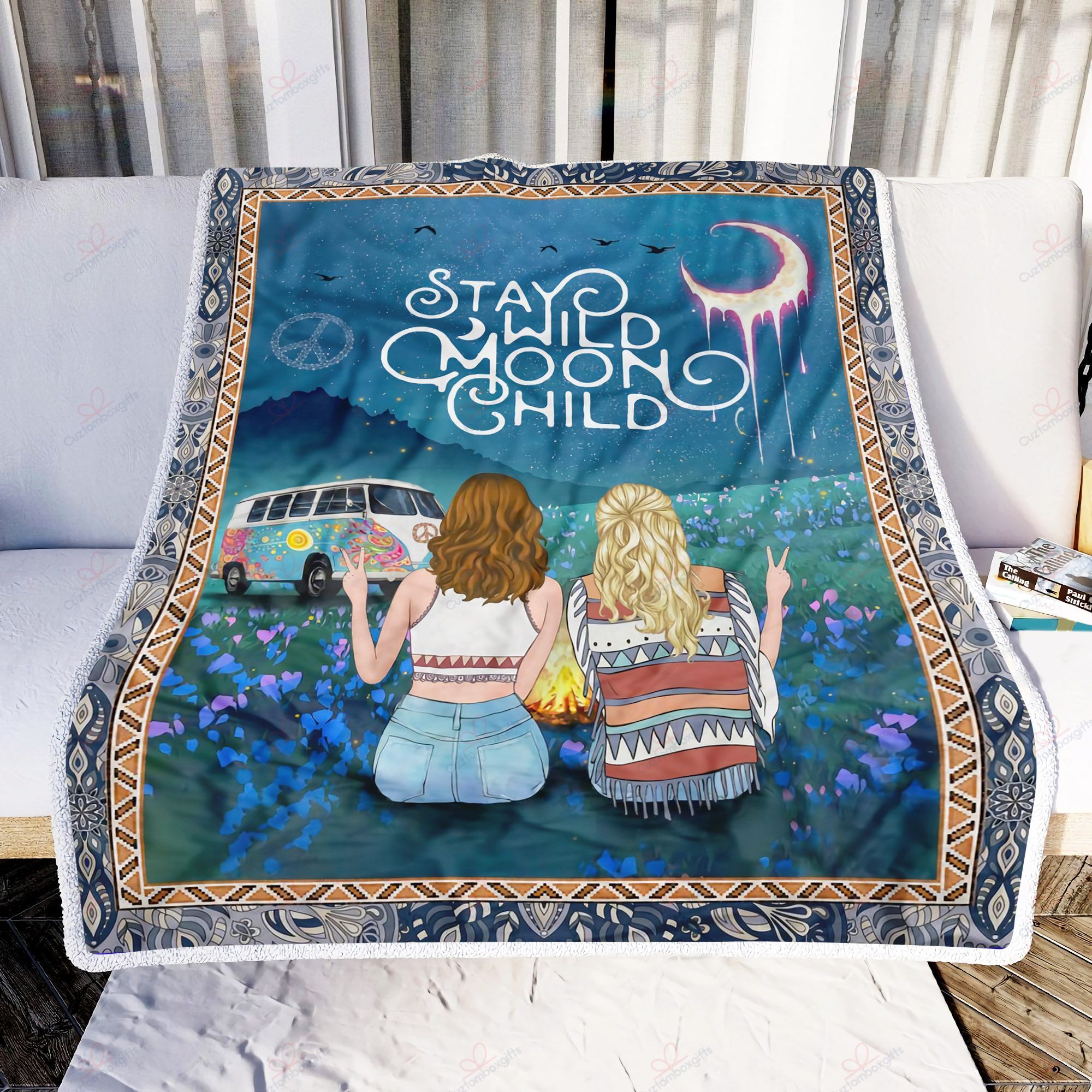 Best Friend Stay Wild Moon Child Hippie Girl Sherpa Fleece Blanket