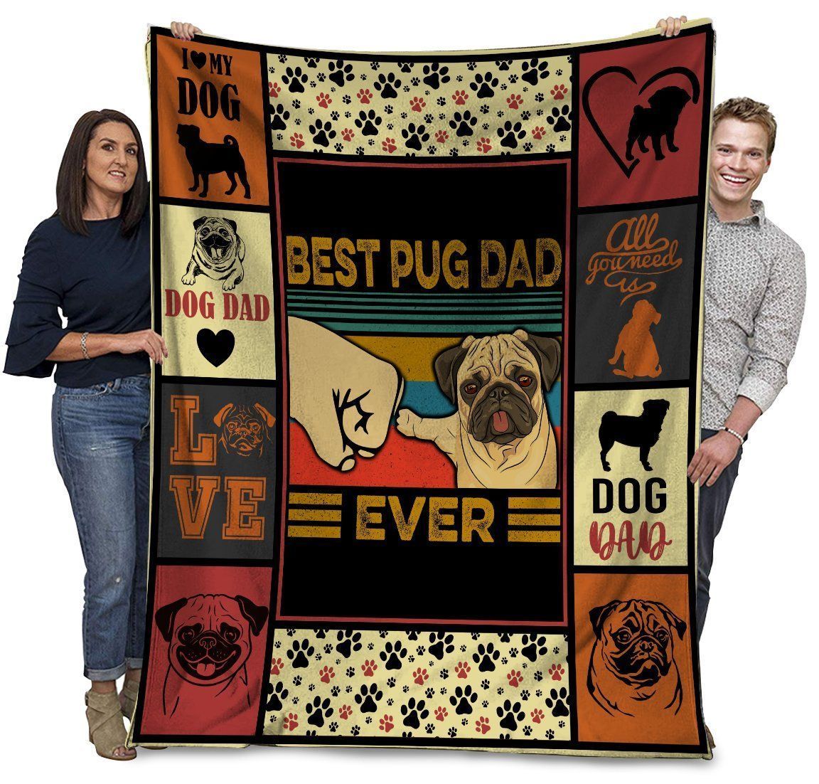 Best Pug Dad Ever Pug Dog Paw Bump Fit Fleece Blanket