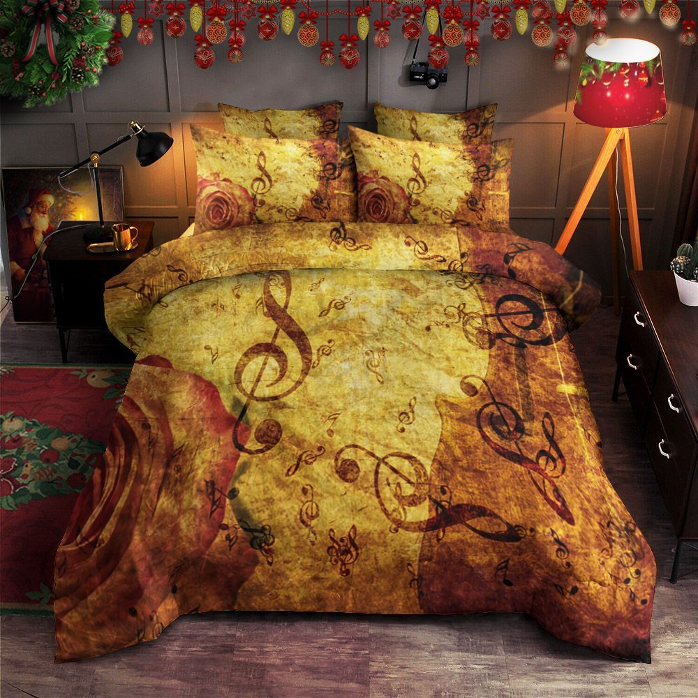 Big Rose And Treble Clefs Music Notes Bedding Set
