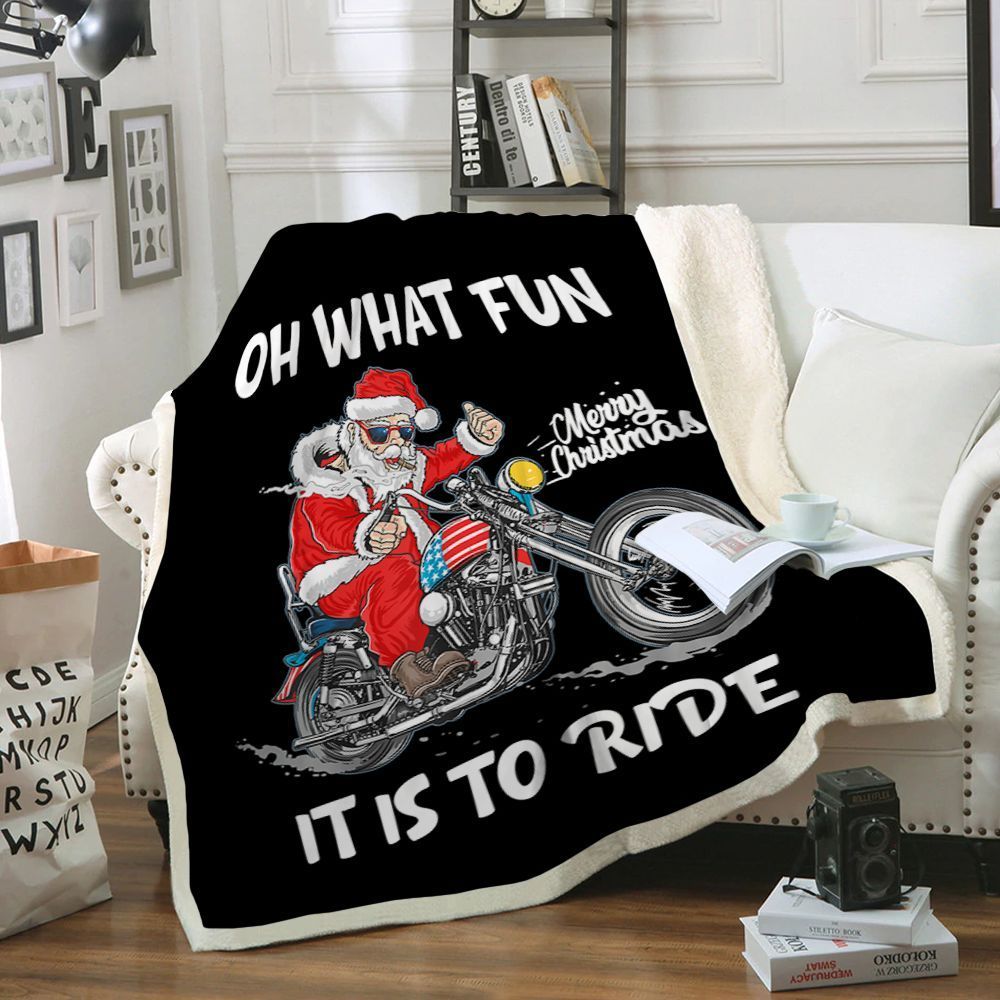 Biker Santa Claus Motorcycle Sherpa Fleece Blanket