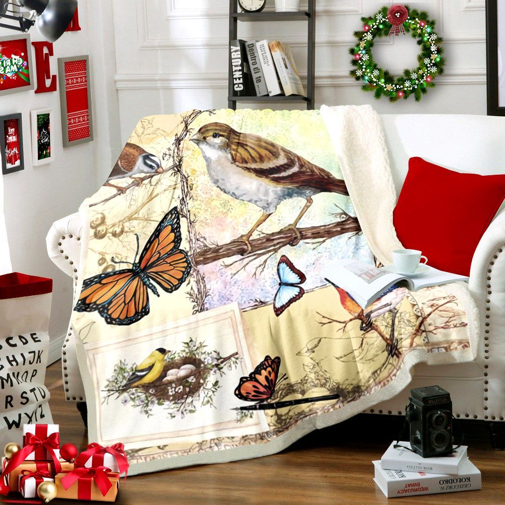 Bird And Butterfly Sherpa Fleece Blanket