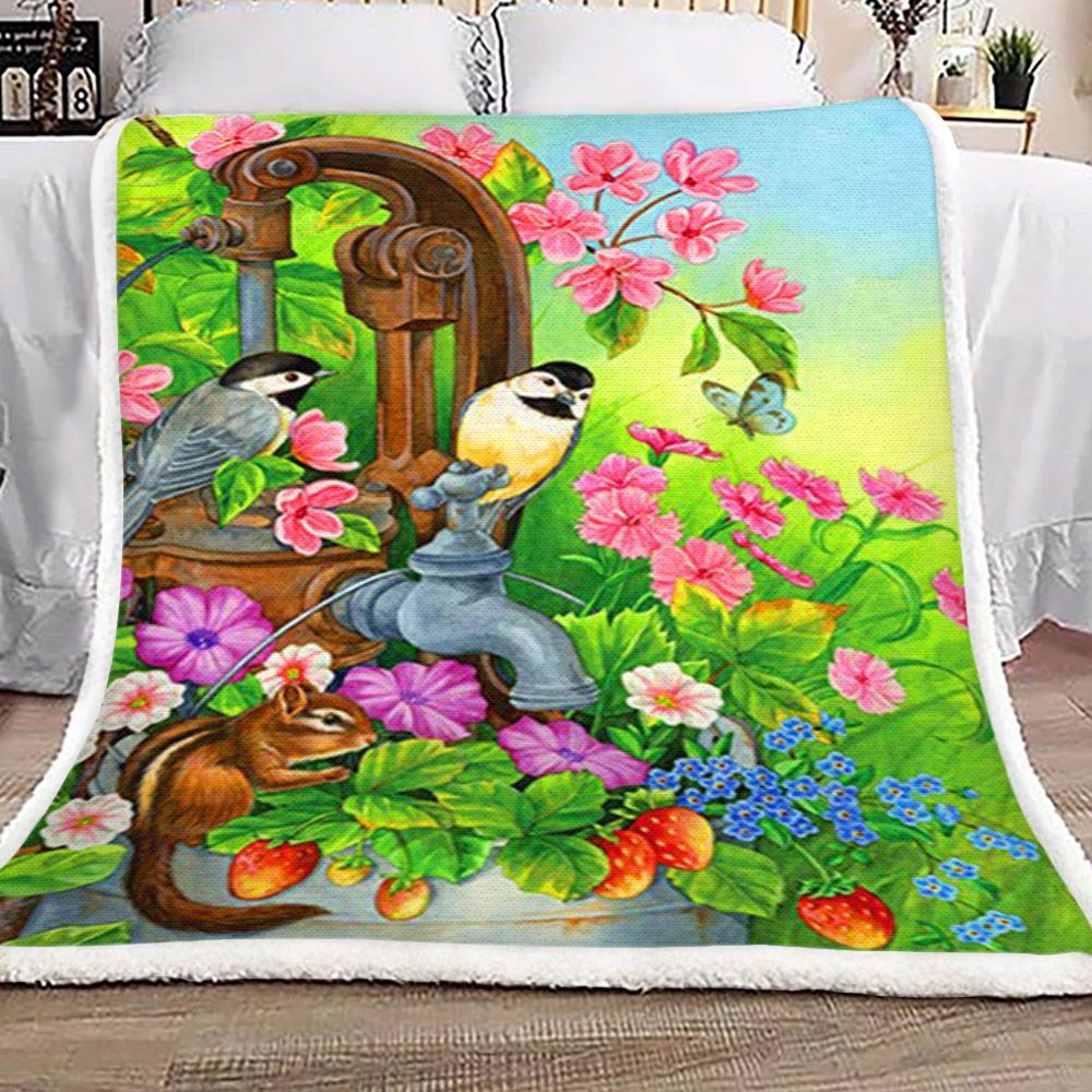 Bird And Flowers Colors Sherpa Fleece Blanket