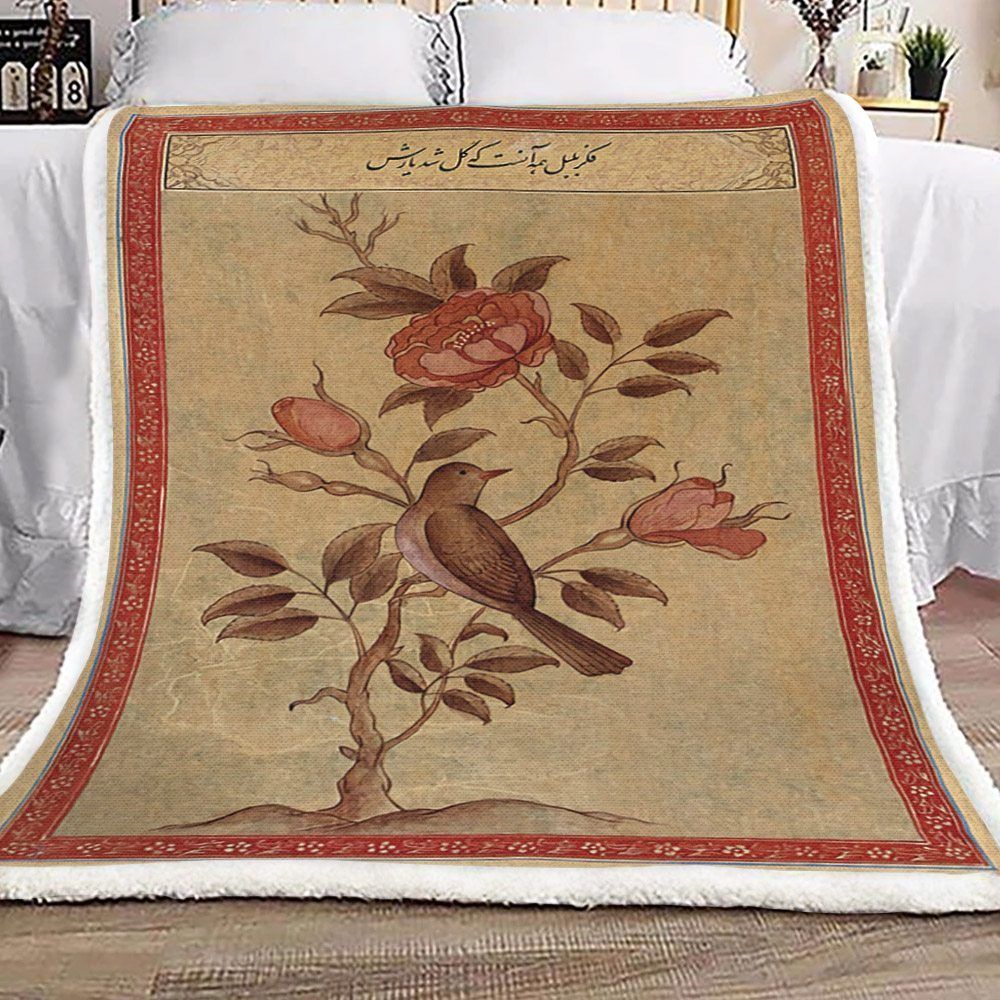 Bird And Red Flowers Sherpa Fleece