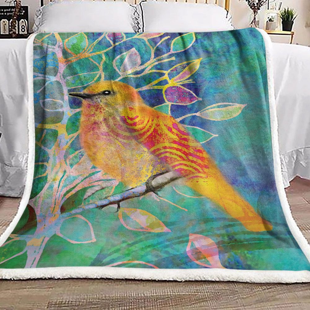 Bird And Tree Color Sherpa Fleece Blanket